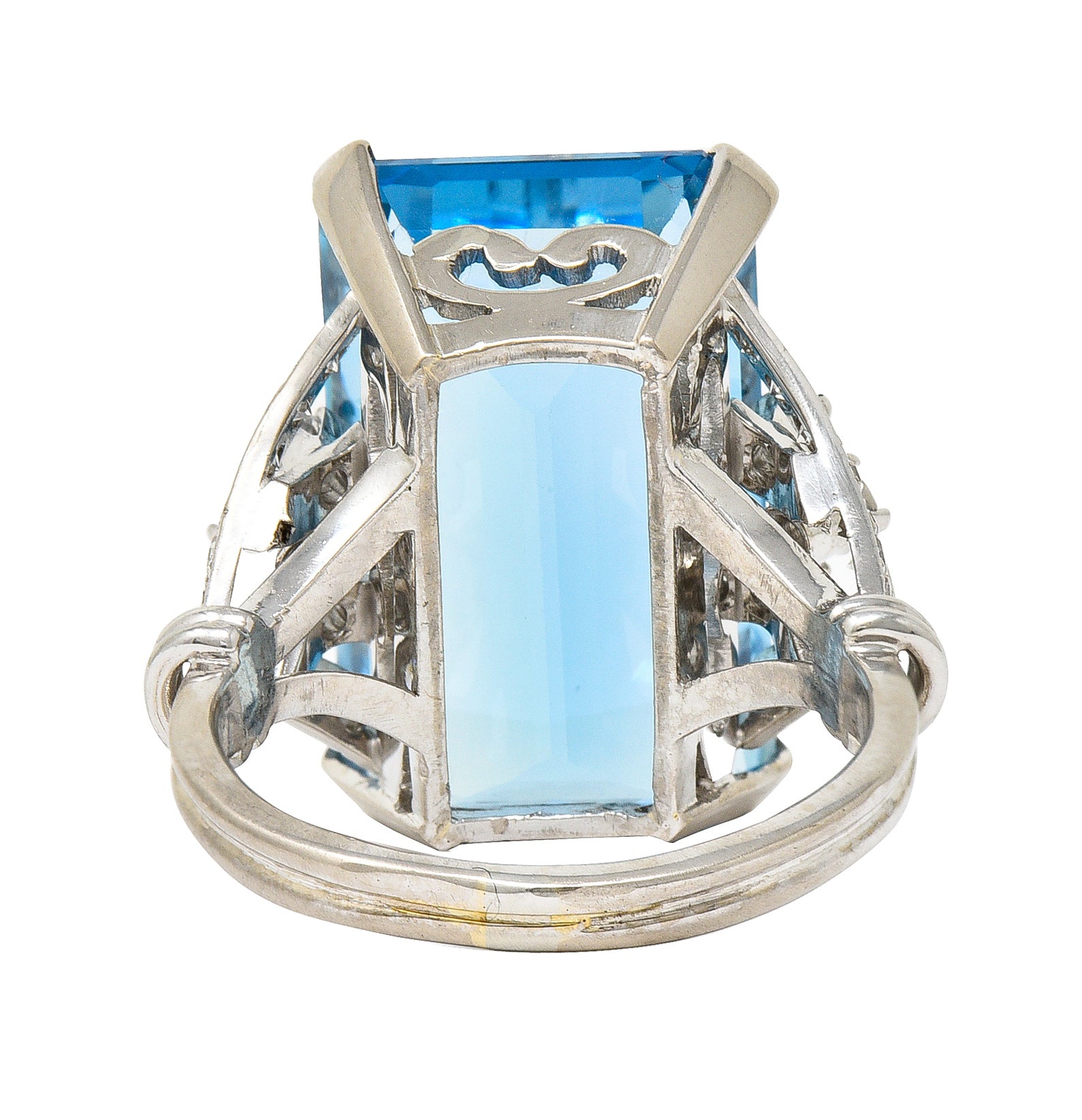 Mid-Century 21.00 CTW Emerald Cut Aquamarine Diamond 18 Karat White Gold Arching Vintage Cocktail Ring Wilson's Estate Jewelry