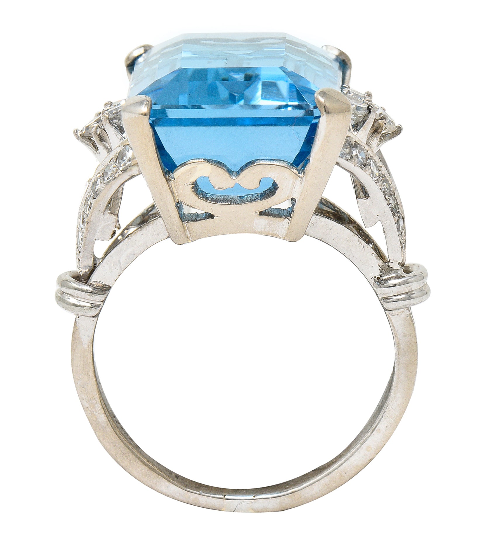 Mid-Century 21.00 CTW Emerald Cut Aquamarine Diamond 18 Karat White Gold Arching Vintage Cocktail Ring Wilson's Estate Jewelry