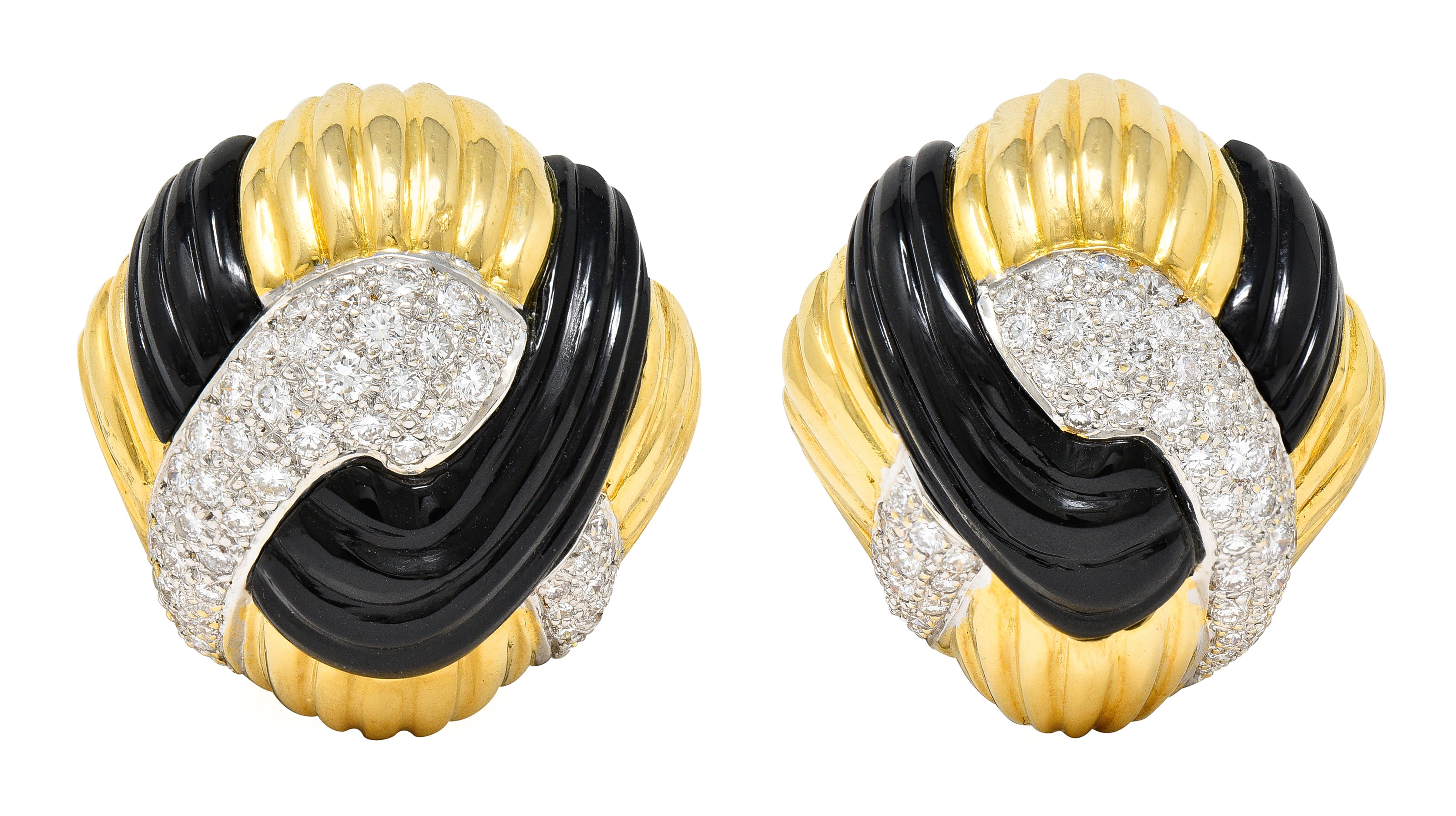 Vintage Onyx Diamond 18 Karat Two-Tone Gold Ear-Clip Earrings Wilson's Estate Jewelry