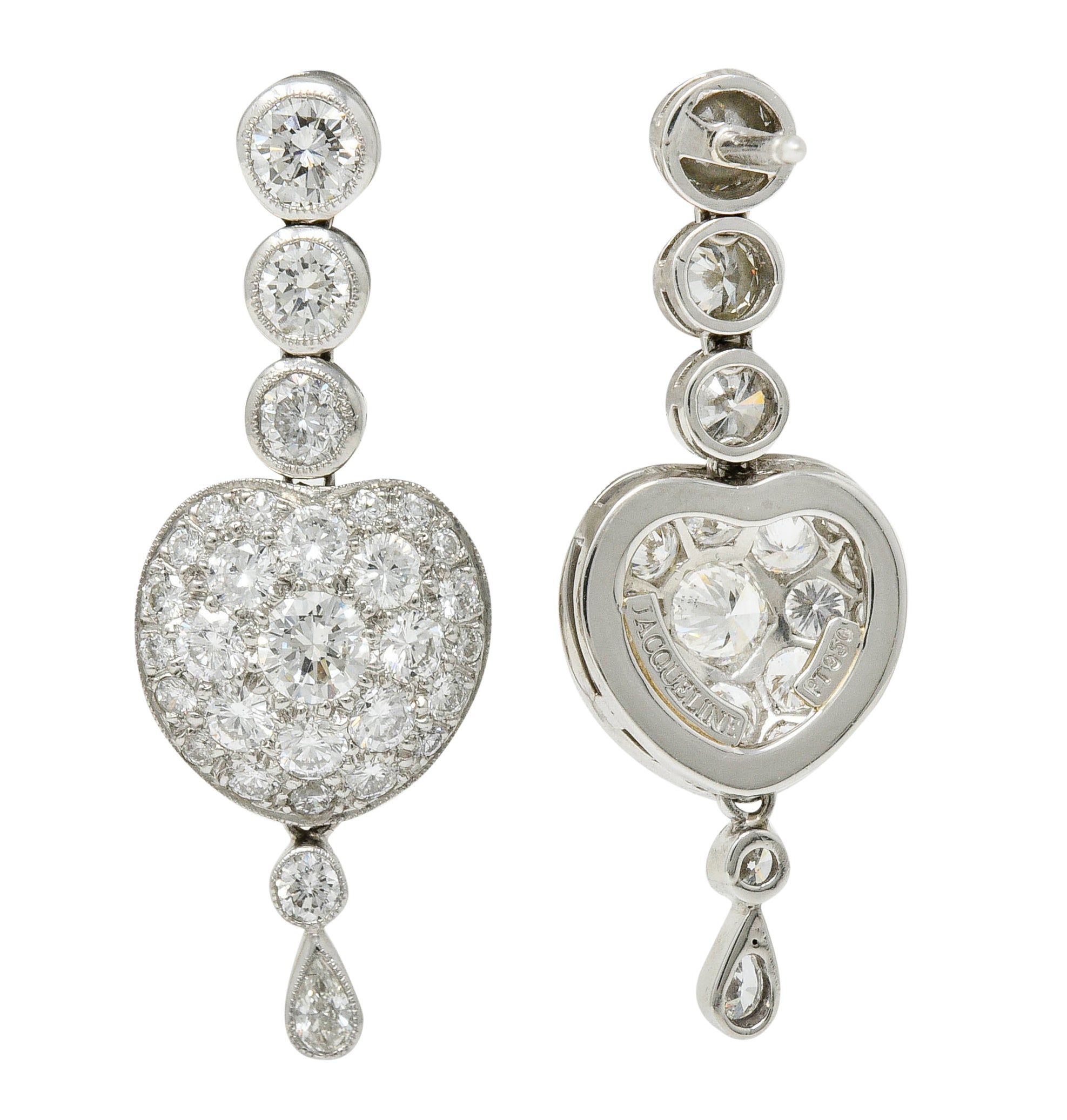 Elegant 3.10 CTW Pave Diamond Platinum Heart Drop EarringsEarrings - Wilson's Estate Jewelry