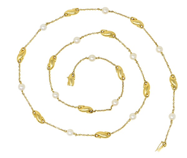 Contemporary Cultured Pearl 18 Karat Gold Station Chain NecklaceNecklace - Wilson's Estate Jewelry