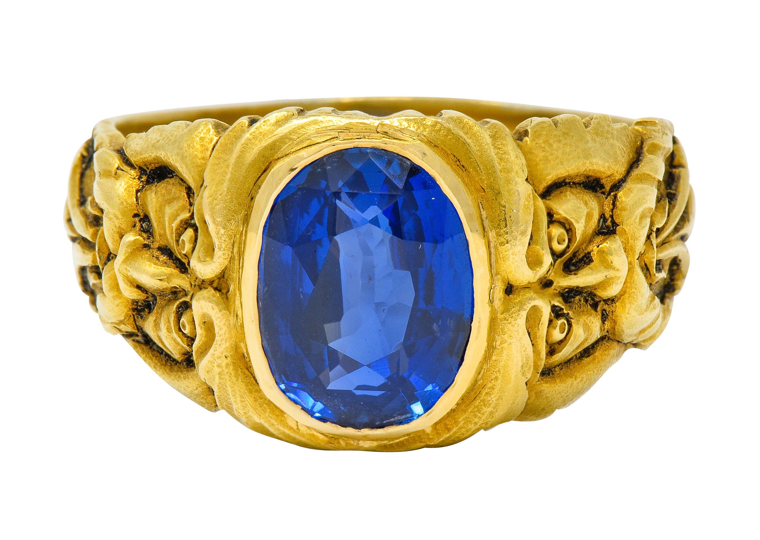 French Victorian 3.00 CTW No Heat Burma Sapphire 18 Karat Gold Anemoi God Of Wind Ring GIARing - Wilson's Estate Jewelry