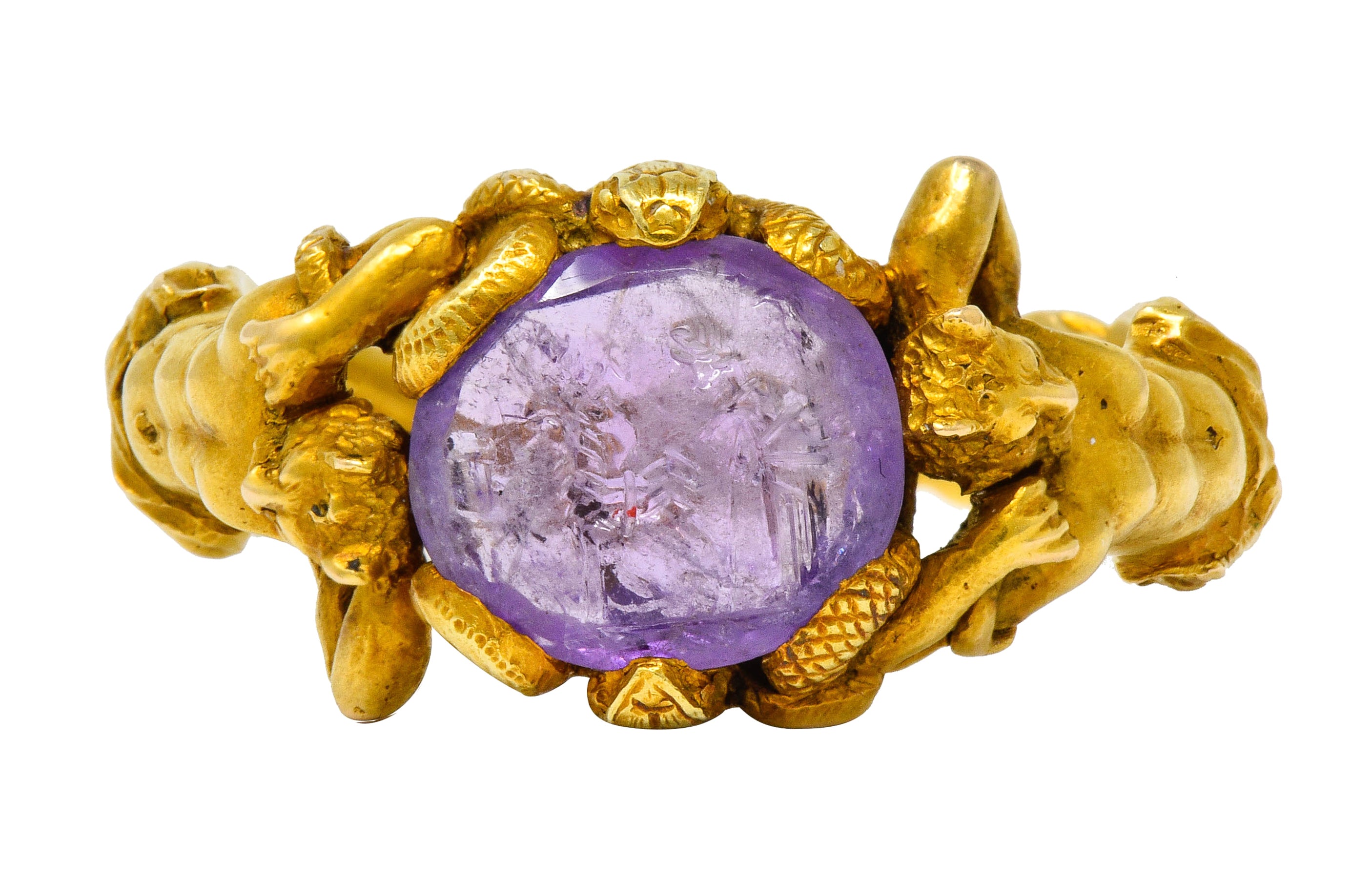 Victorian Roman Ancient Carved Amethyst Intaglio 18 Karat Gold Men's Snake & Devil RingRing - Wilson's Estate Jewelry