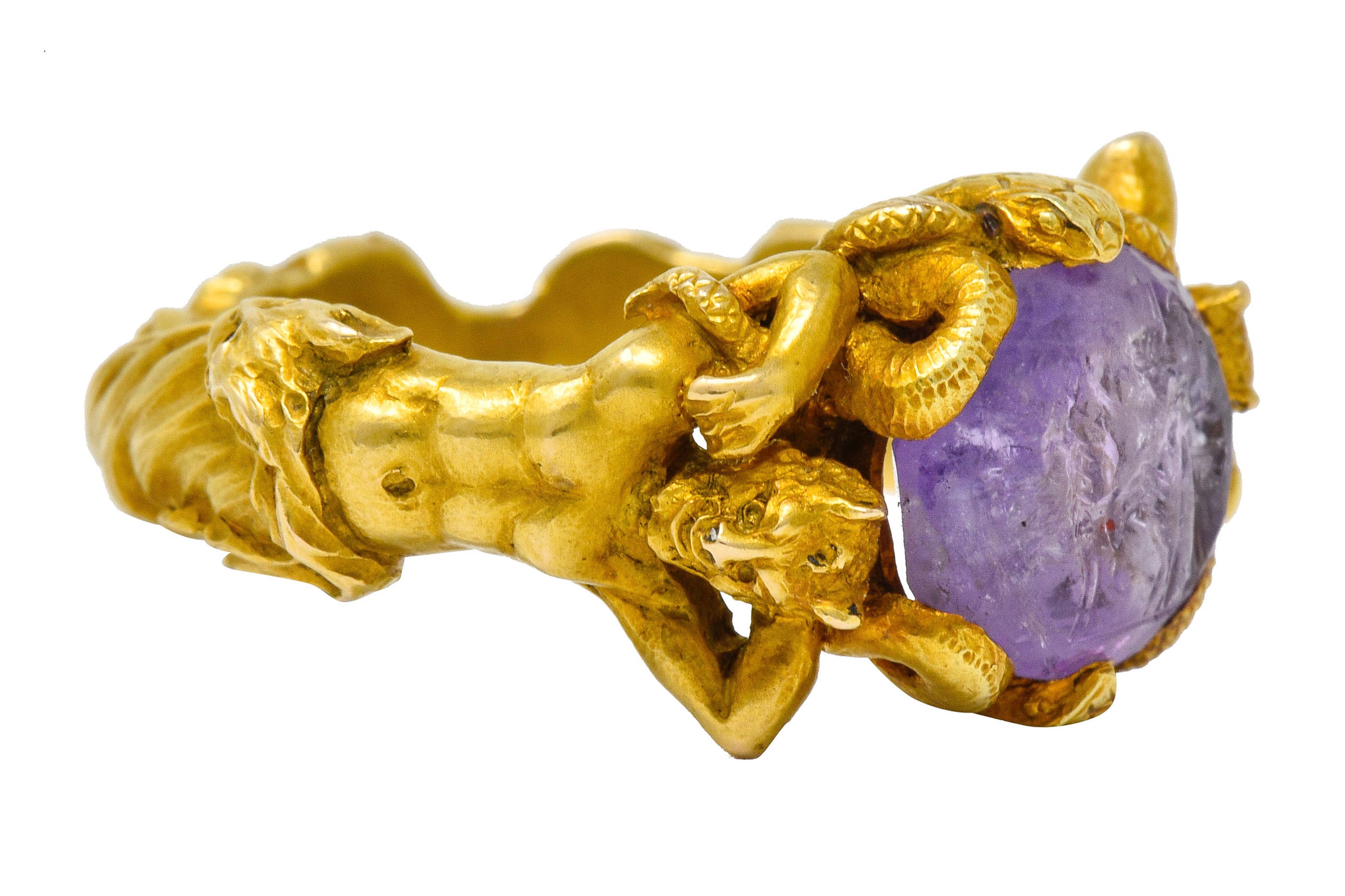 Victorian Roman Ancient Carved Amethyst Intaglio 18 Karat Gold Men's Snake & Devil RingRing - Wilson's Estate Jewelry