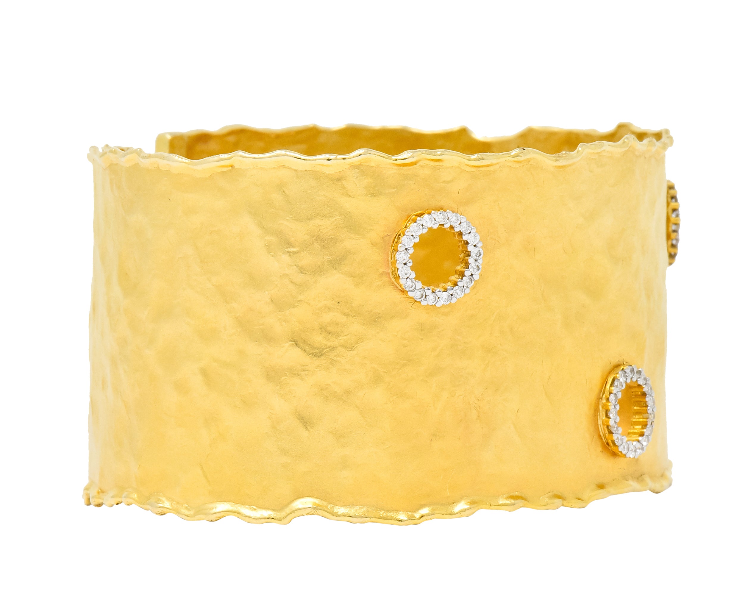 Isaac Reiss Round Brilliant Diamond 14 Karat Yellow Gold Hammered Cuff Bracelet - Wilson's Estate Jewelry