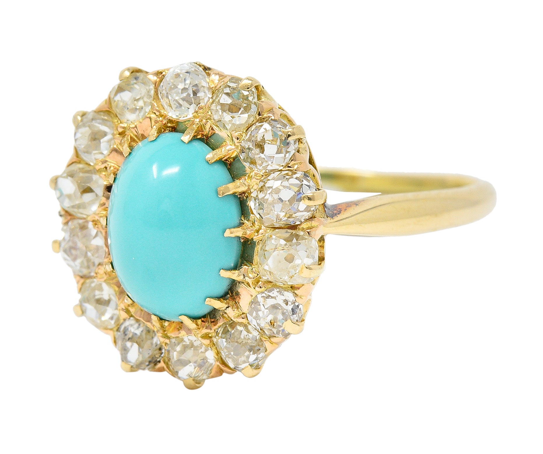 Victorian 1.12 CTW Turquoise Cabochon Old Mine Cut Diamond 14 Karat Yellow Gold Antique Halo Ring Wilson's Estate Jewelry