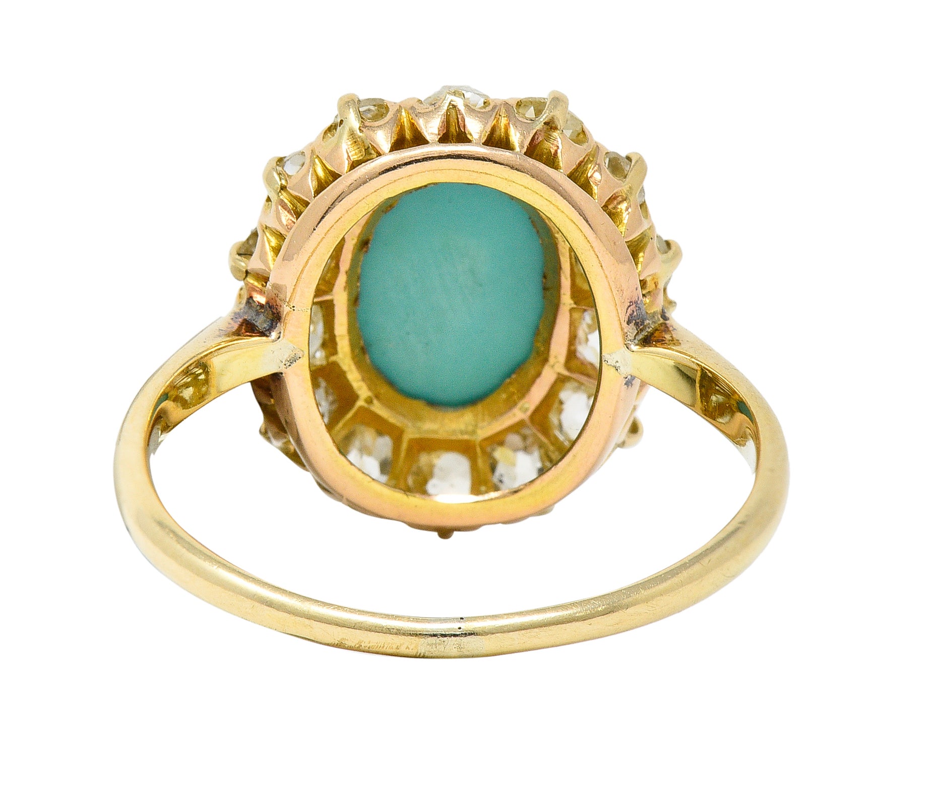 Victorian 1.12 CTW Turquoise Cabochon Old Mine Cut Diamond 14 Karat Yellow Gold Antique Halo Ring Wilson's Estate Jewelry