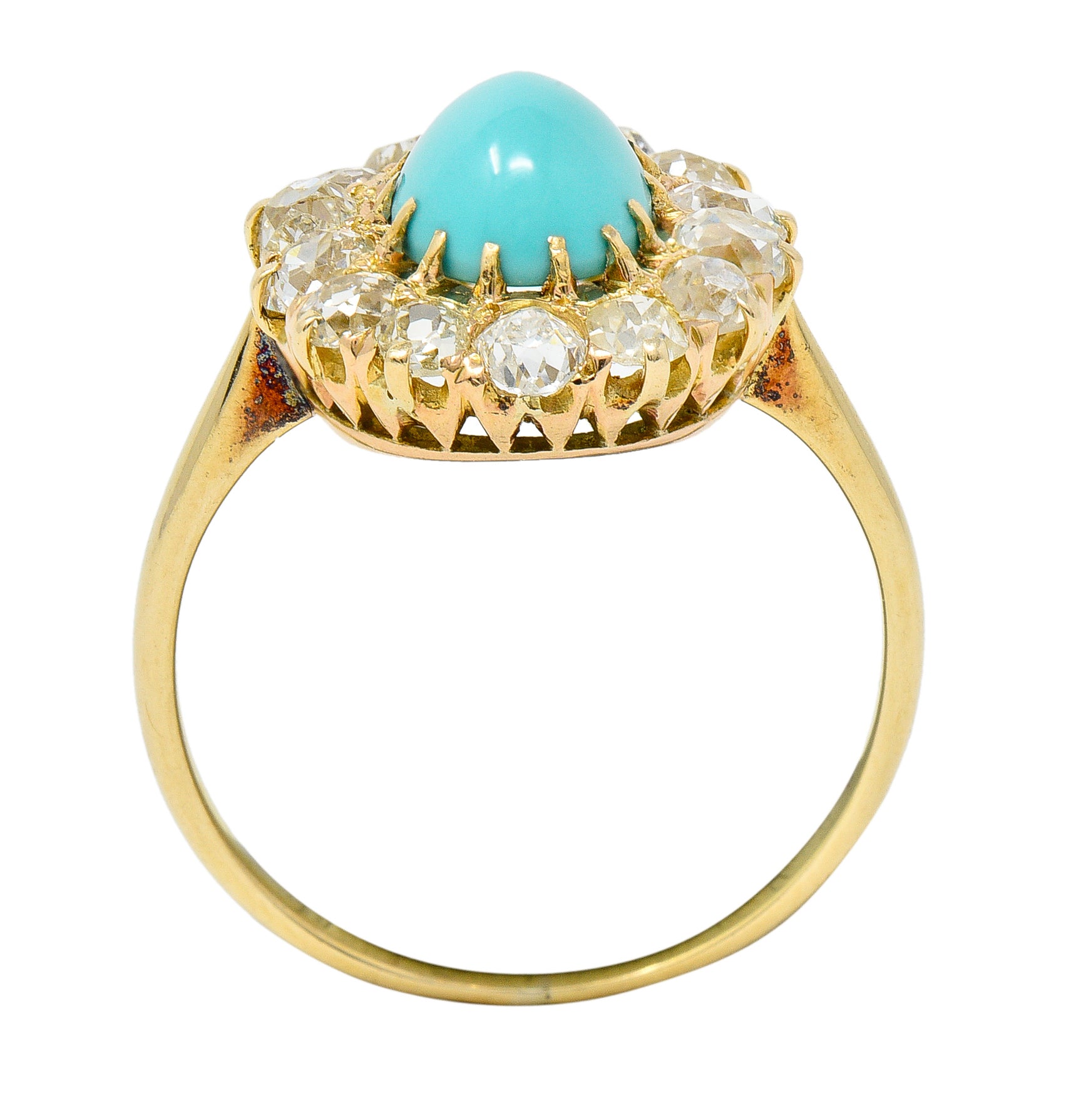 Victorian 1.12 CTW Turquoise Cabochon Old Mine Cut Diamond 14 Karat Yellow Gold Antique Halo Ring Wilson's Estate Jewelry