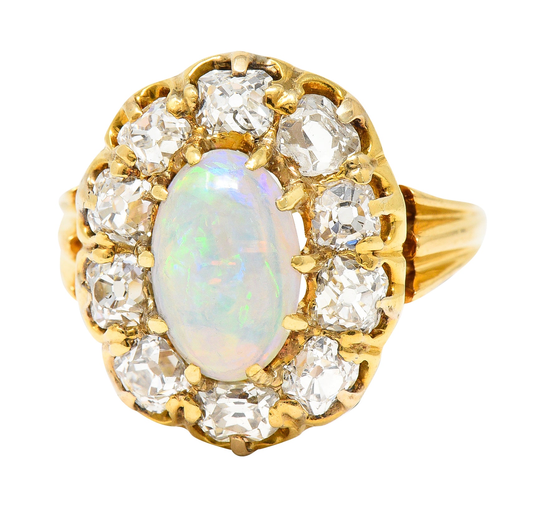 Victorian 1.50 CTW Old Mine Cut Diamond Opal 14 Karat Yellow Gold Antique Cluster Ring Wilson's Estate Jewelry