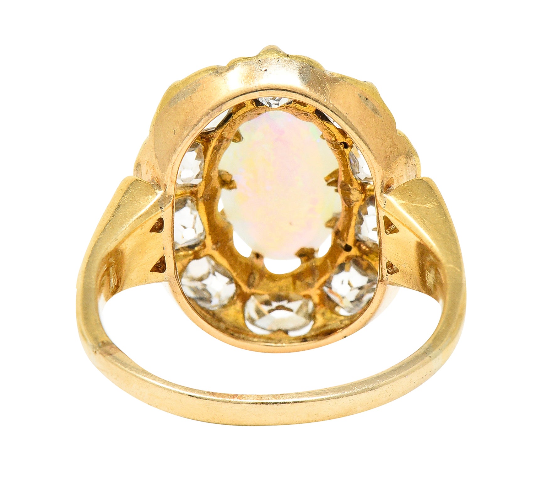 Victorian 1.50 CTW Old Mine Cut Diamond Opal 14 Karat Yellow Gold Antique Cluster Ring Wilson's Estate Jewelry