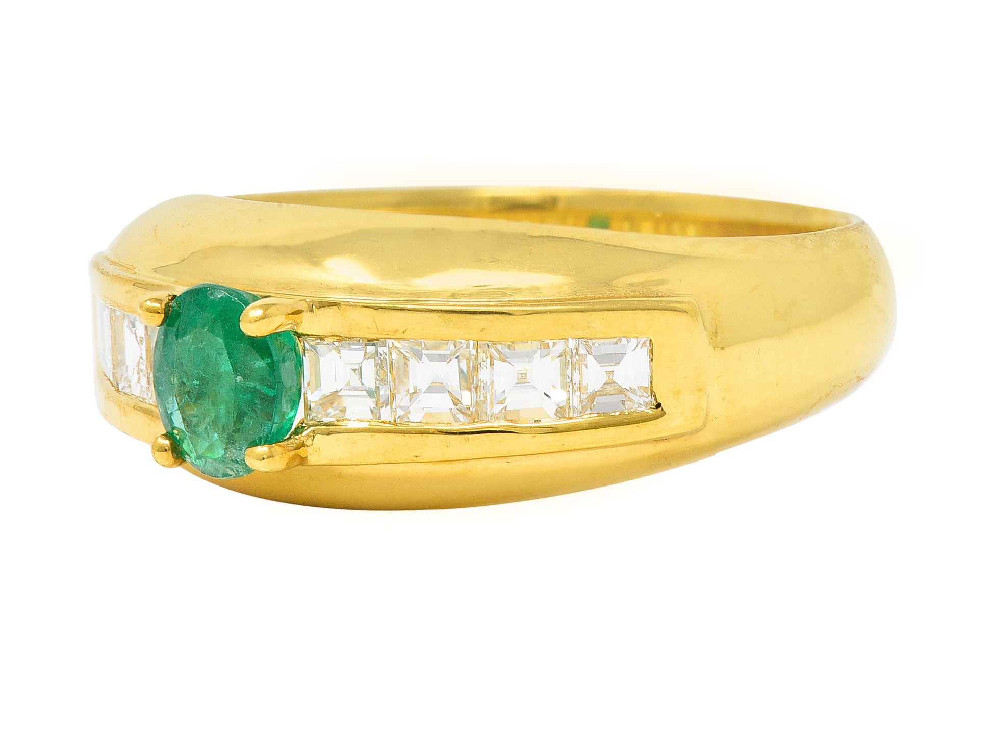 1980's 1.00 CTW Emerald Diamond 18 Karat Yellow Gold Vintage Gemstone Ring