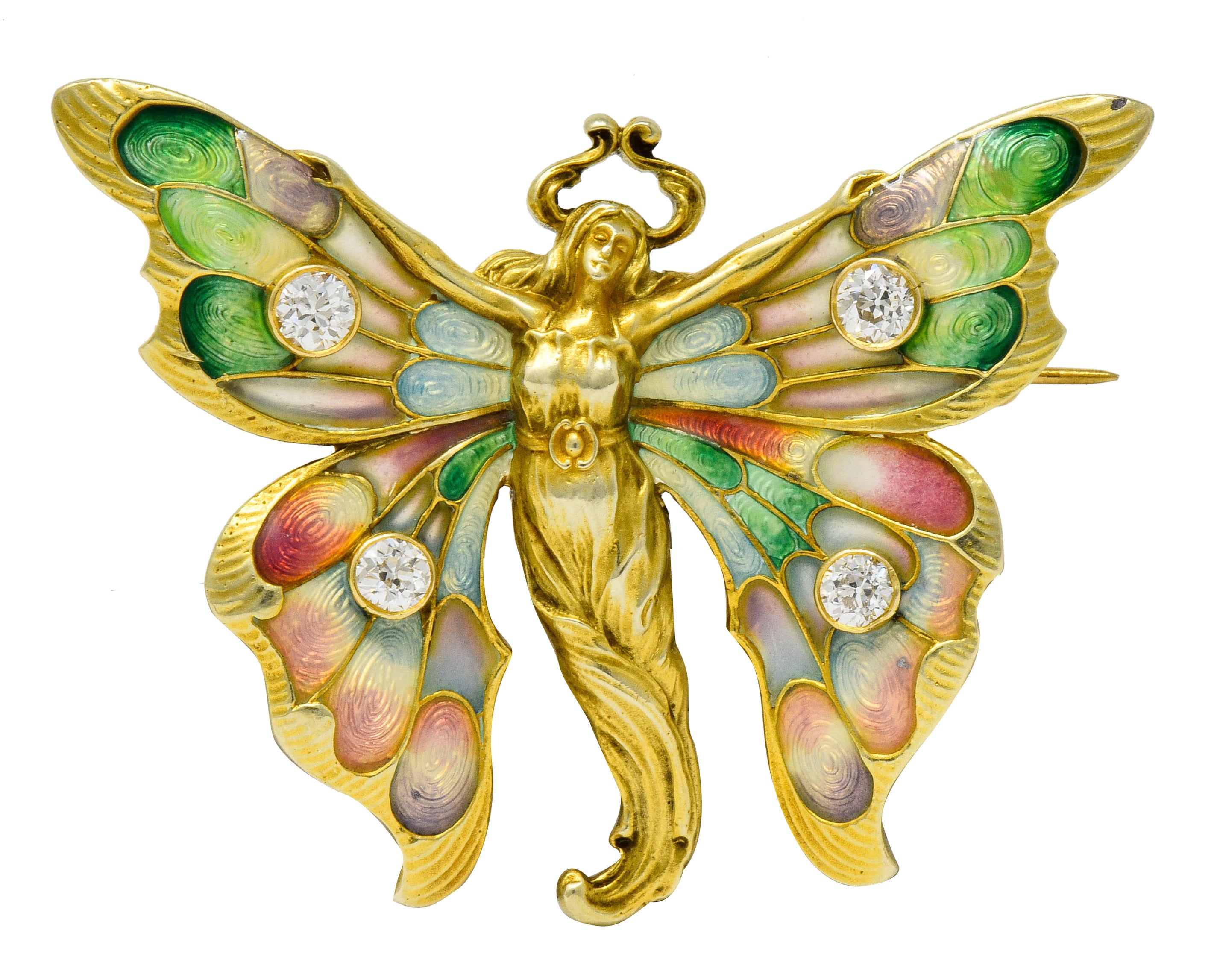 Whiteside & Blank Art Nouveau Diamond Enamel 14 Karat Gold Butterfly Nymph Brooch - Wilson's Estate Jewelry