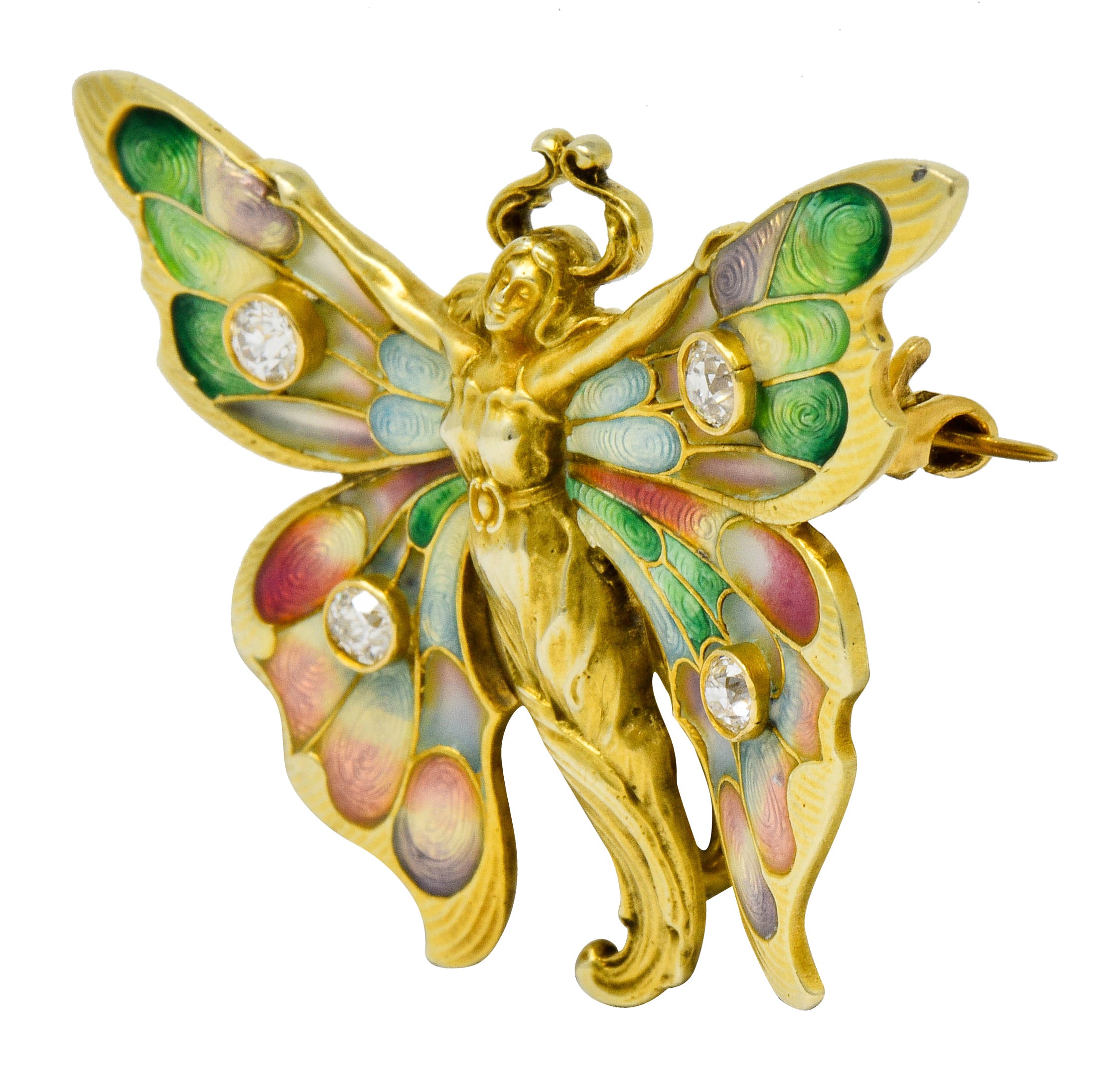 Whiteside & Blank Art Nouveau Diamond Enamel 14 Karat Gold Butterfly Nymph Brooch - Wilson's Estate Jewelry