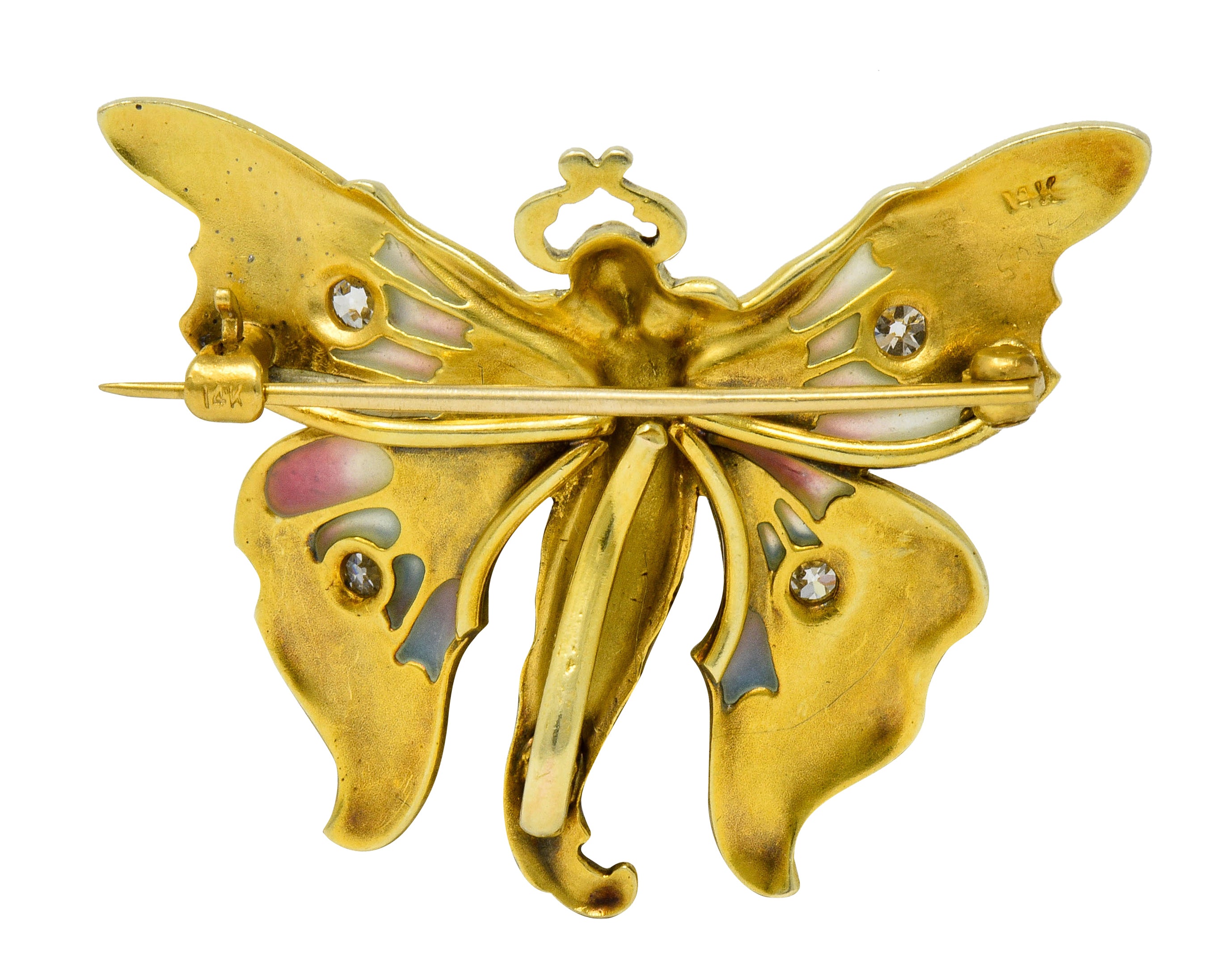 Whiteside & Blank Art Nouveau Diamond Enamel 14 Karat Gold Butterfly Nymph Brooch - Wilson's Estate Jewelry