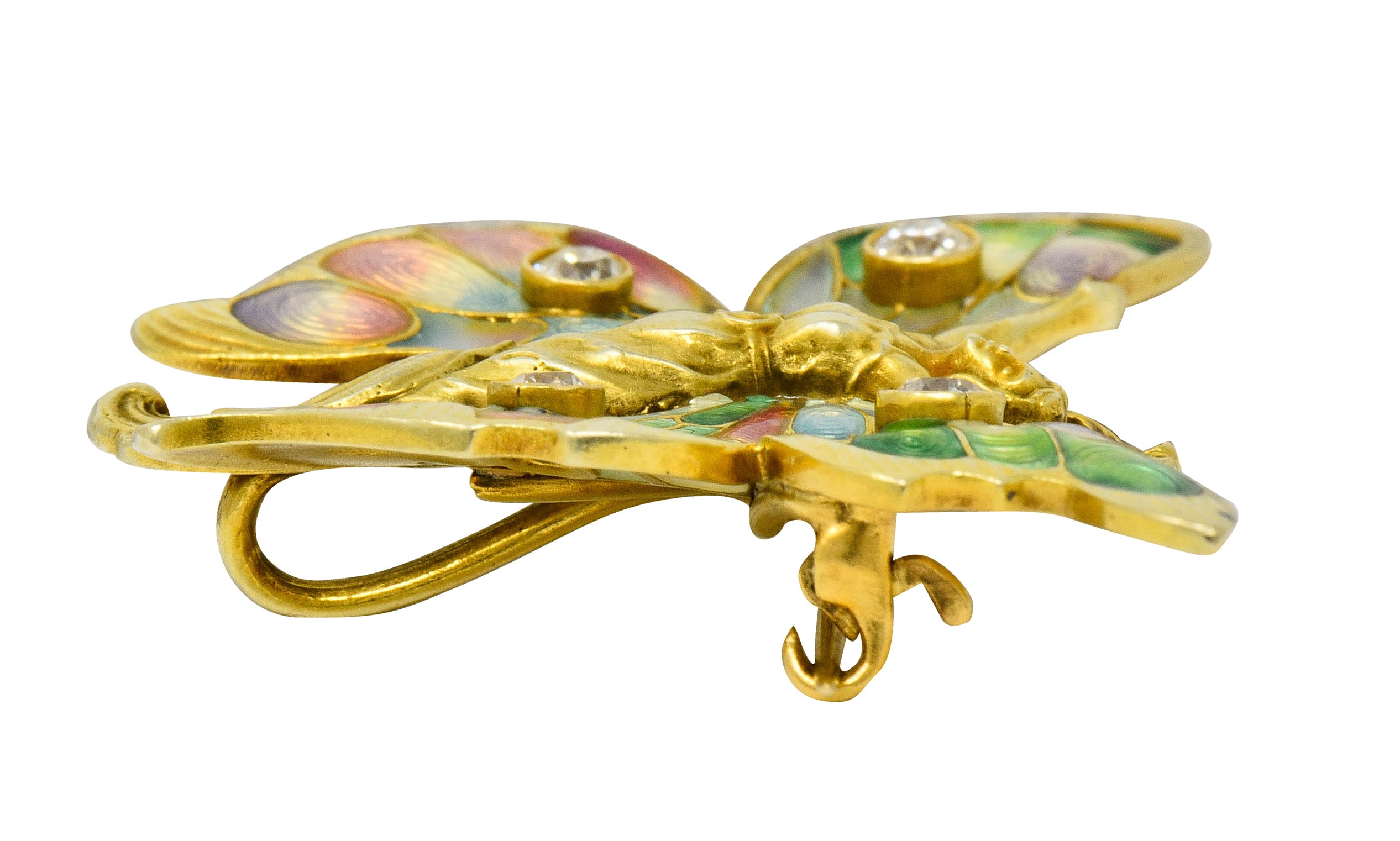 Whiteside & Blank Art Nouveau Diamond Enamel 14 Karat Gold Butterfly Nymph Brooch - Wilson's Estate Jewelry