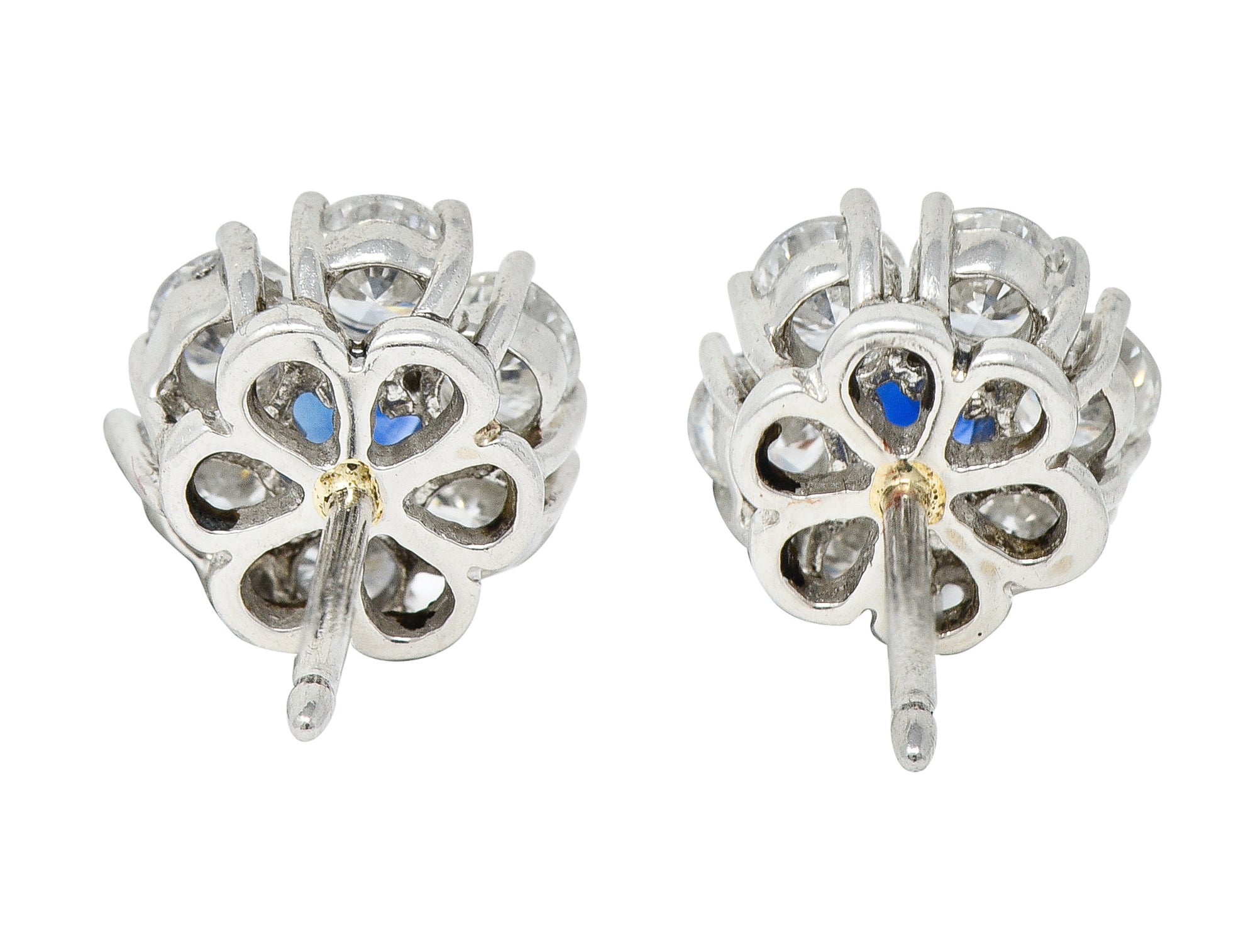 Contemporary 2.32 CTW Diamond Sapphire Platinum Floral Cluster Earrings Wilson's Estate Jewelry