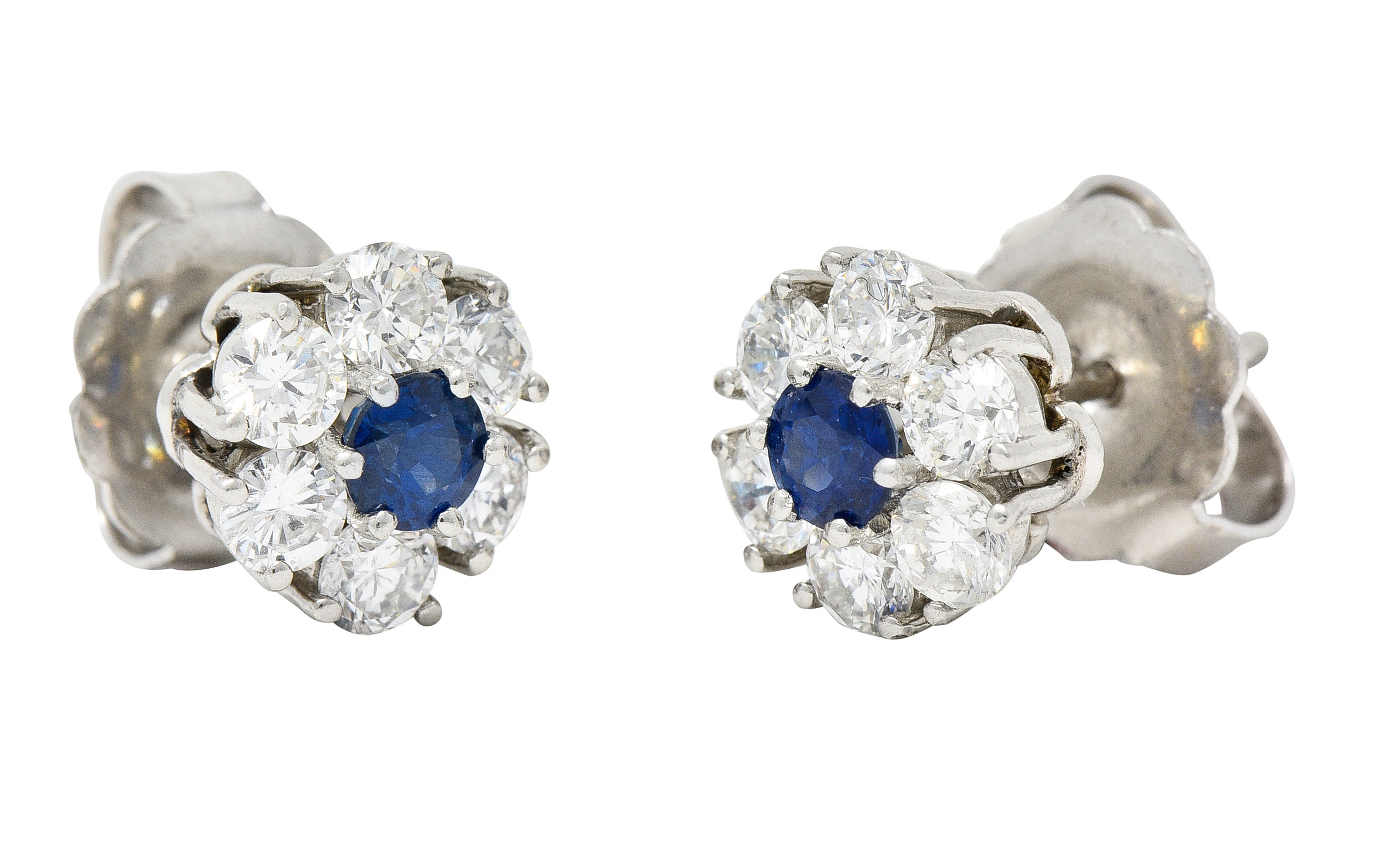 Contemporary 2.32 CTW Diamond Sapphire Platinum Floral Cluster Earrings Wilson's Estate Jewelry