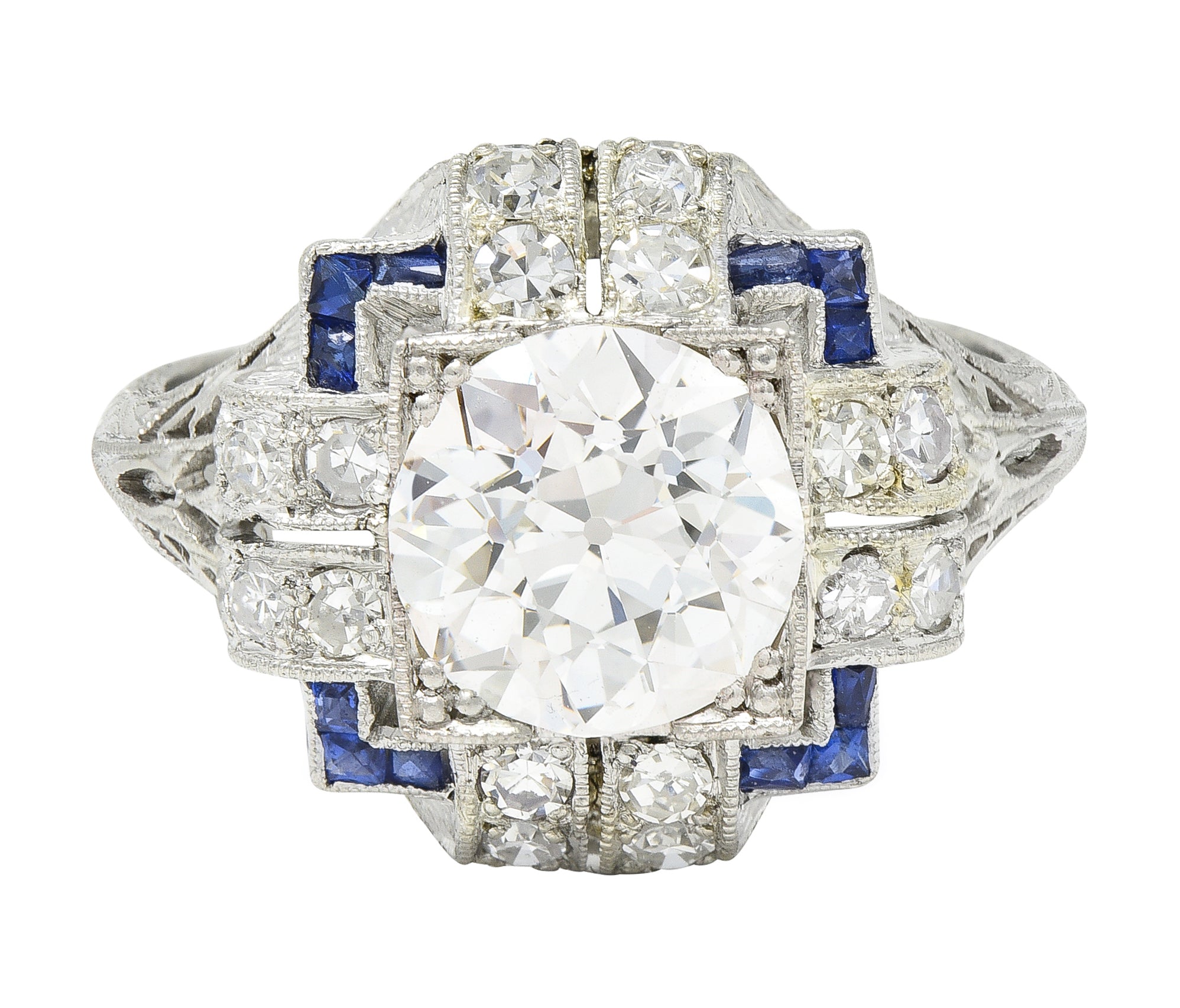 Art Deco 2.35 CTW Diamond Sapphire Platinum Foliate Quatrefoil Engagement Ring