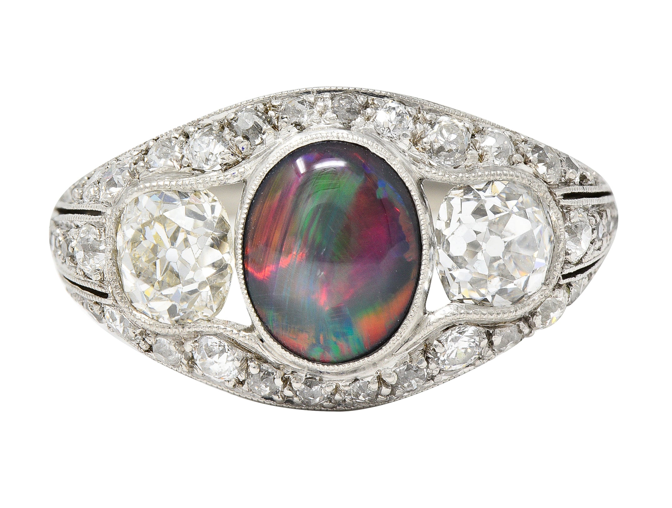 Art Deco Black Opal Cabochon Old Mine Cut Diamond Platinum Antique Bombay Dinner Ring Wilson's Estate Jewelry