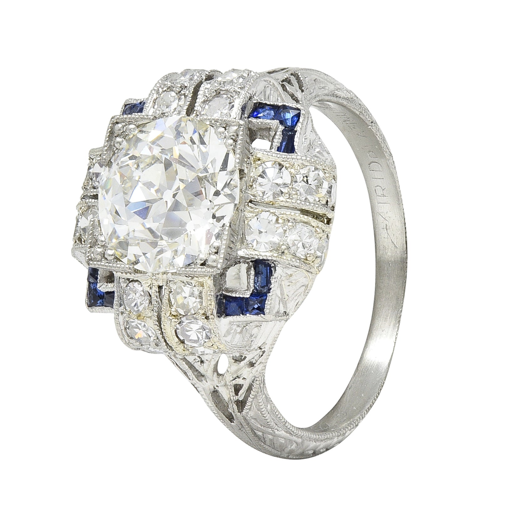 Art Deco 2.35 CTW Diamond Sapphire Platinum Foliate Quatrefoil Engagement Ring