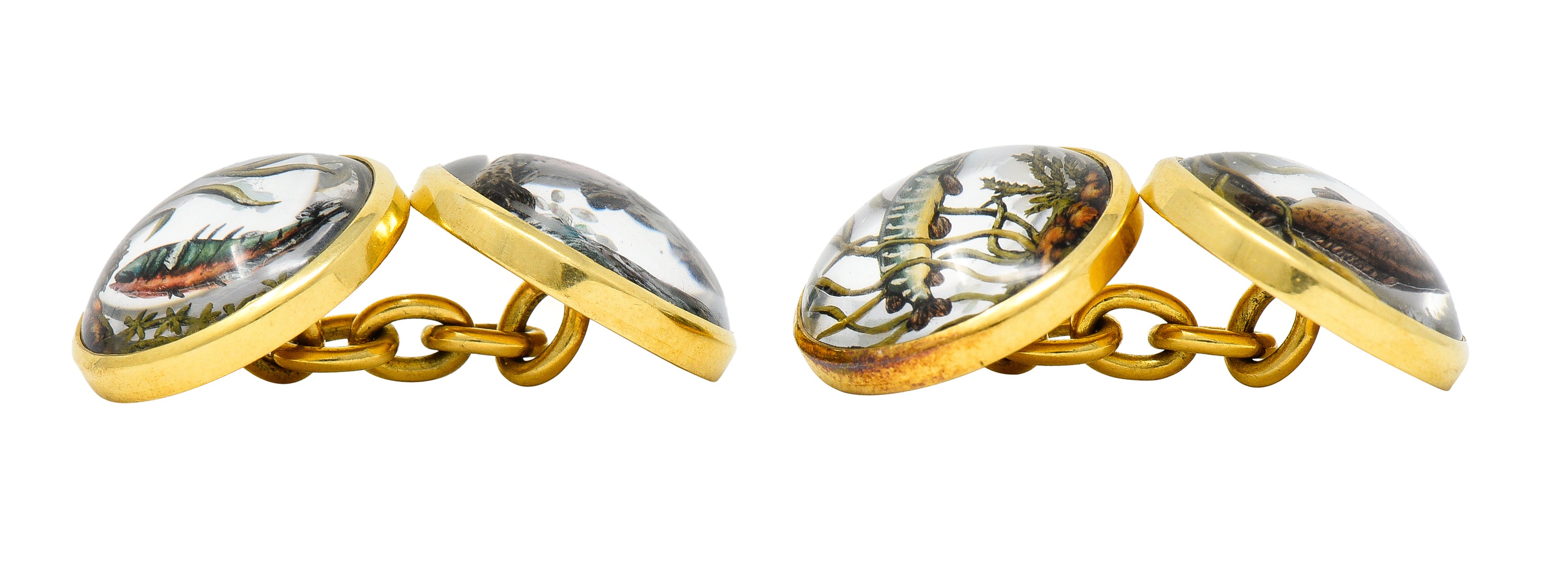 Victorian Painted Essex Crystal Quartz Mother-Of-Pearl 18 Karat Yellow Gold Fish Antique Cufflinks Wilson's Estate Jewelry