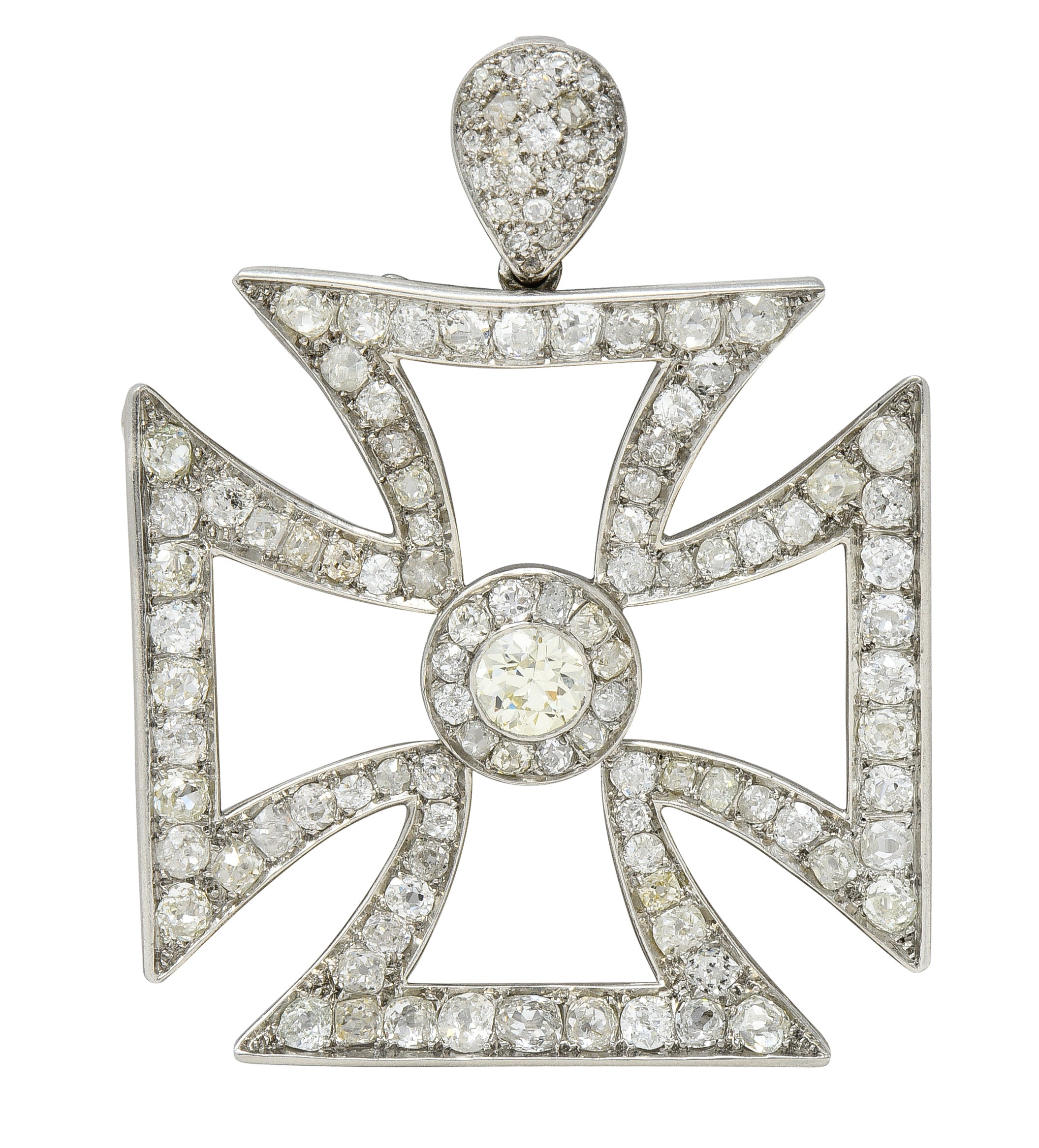 Substantial Art Deco 9.42 CTW Old European & Mine Cut Platinum Germanic Cross Vintage Pendant Meinrad Burch-Korrodi Wilson's Estate Jewelry