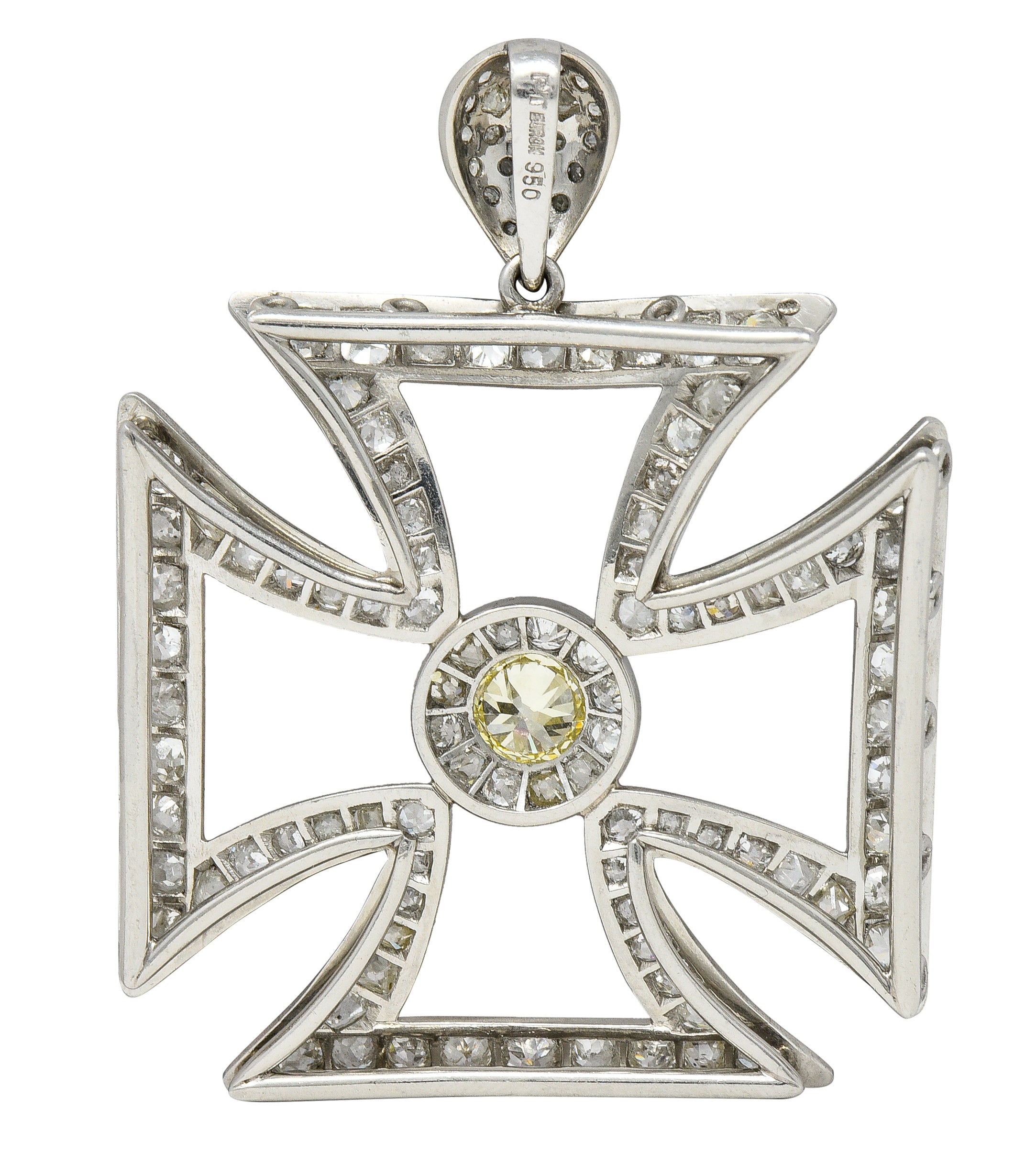 Substantial Art Deco 9.42 CTW Old European & Mine Cut Platinum Germanic Cross Vintage Pendant Meinrad Burch-Korrodi Wilson's Estate Jewelry