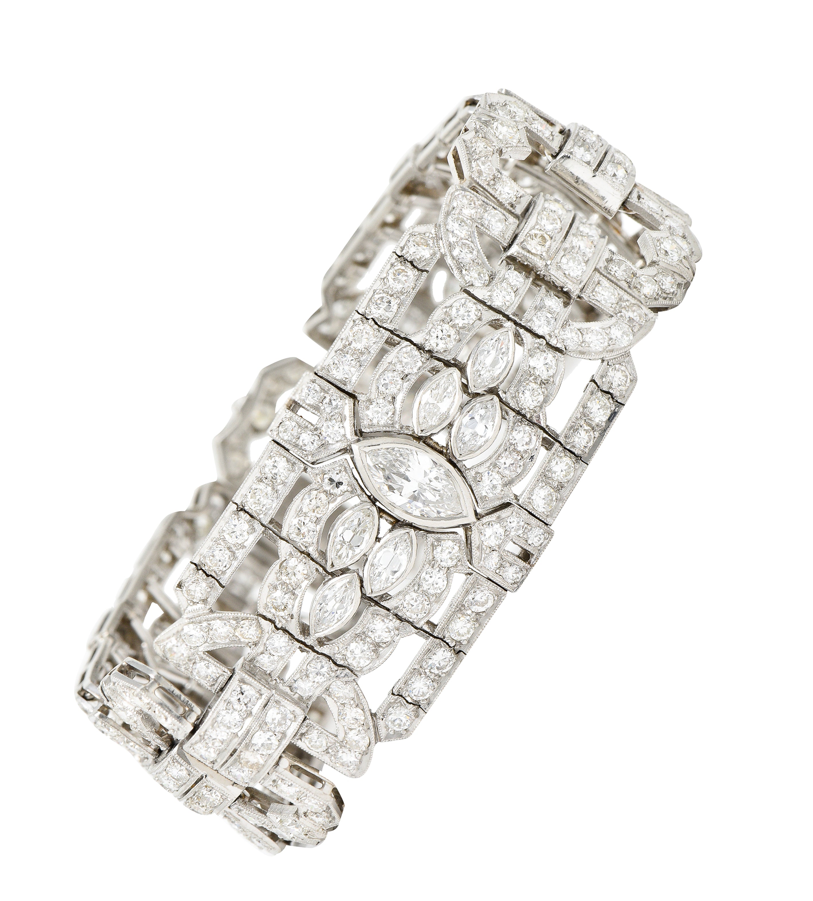 Waslikoff Art Deco 19.10 CTW Marquise Cut Diamond Platinum Geometric Wide Strap Link Bracelet Wilson's Estate Jewelry