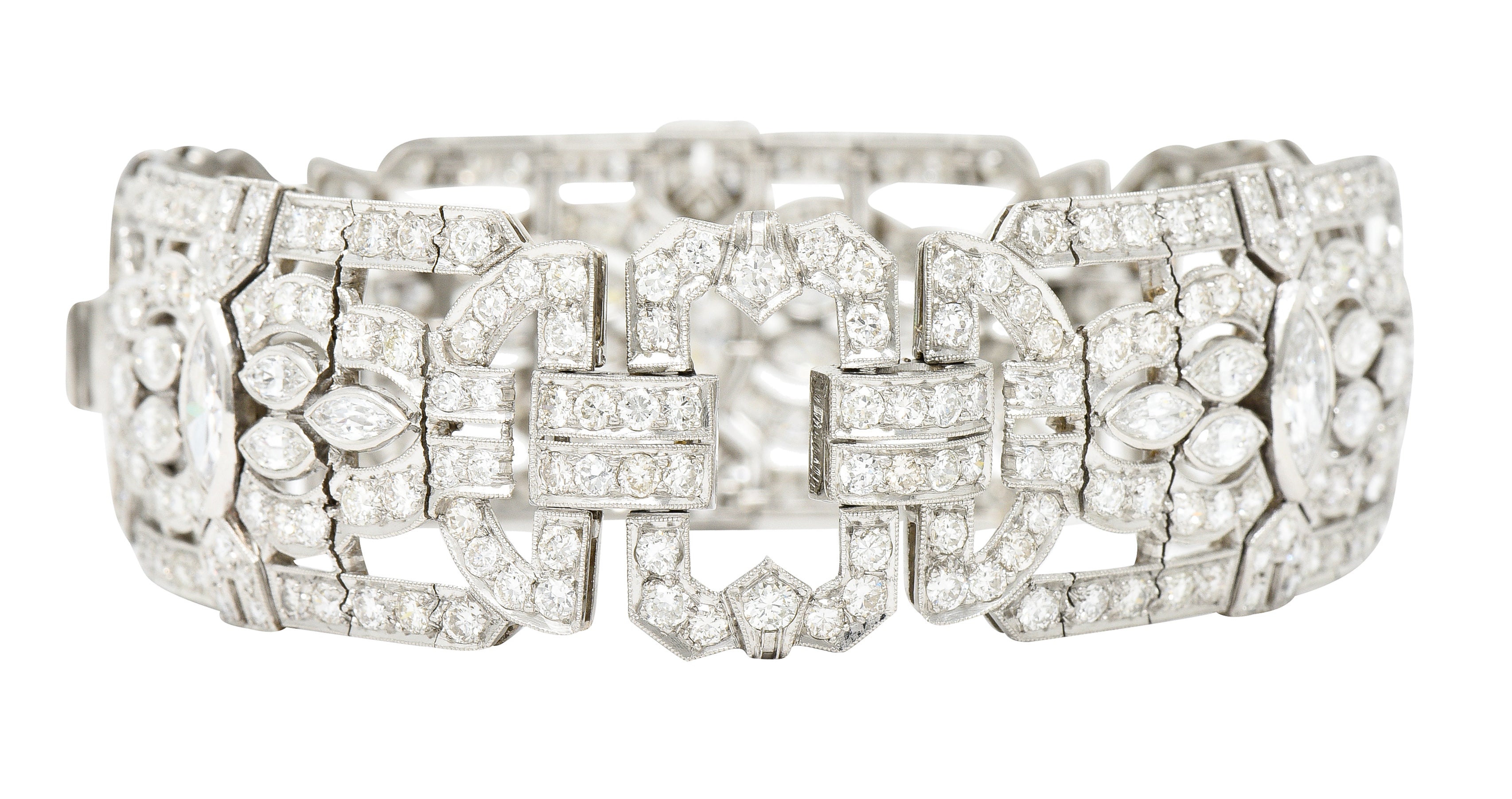 Waslikoff Art Deco 19.10 CTW Marquise Cut Diamond Platinum Geometric Wide Strap Link Bracelet Wilson's Estate Jewelry