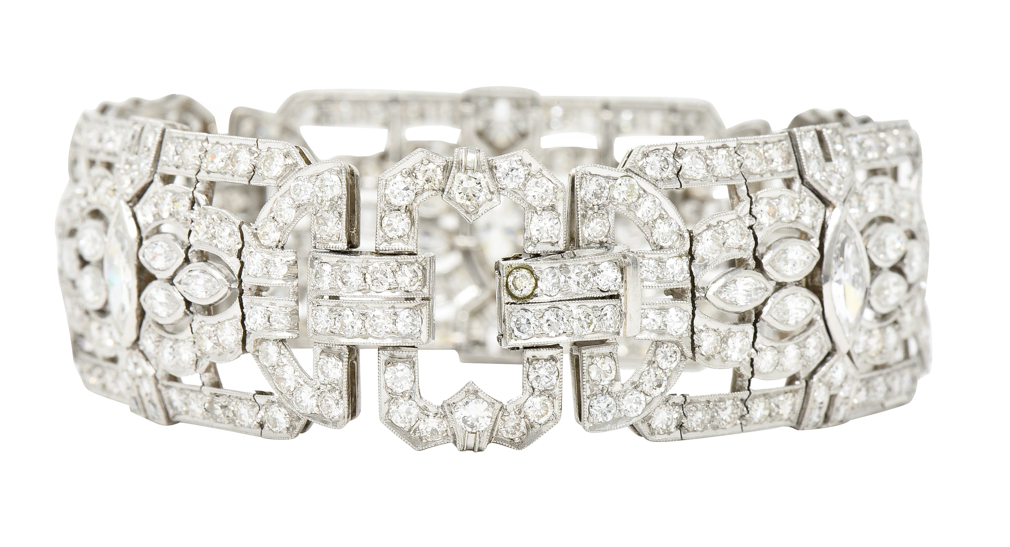 Waslikoff Art Deco 19.10 CTW Marquise Cut Diamond Platinum Geometric Wide Strap Link Bracelet Wilson's Estate Jewelry