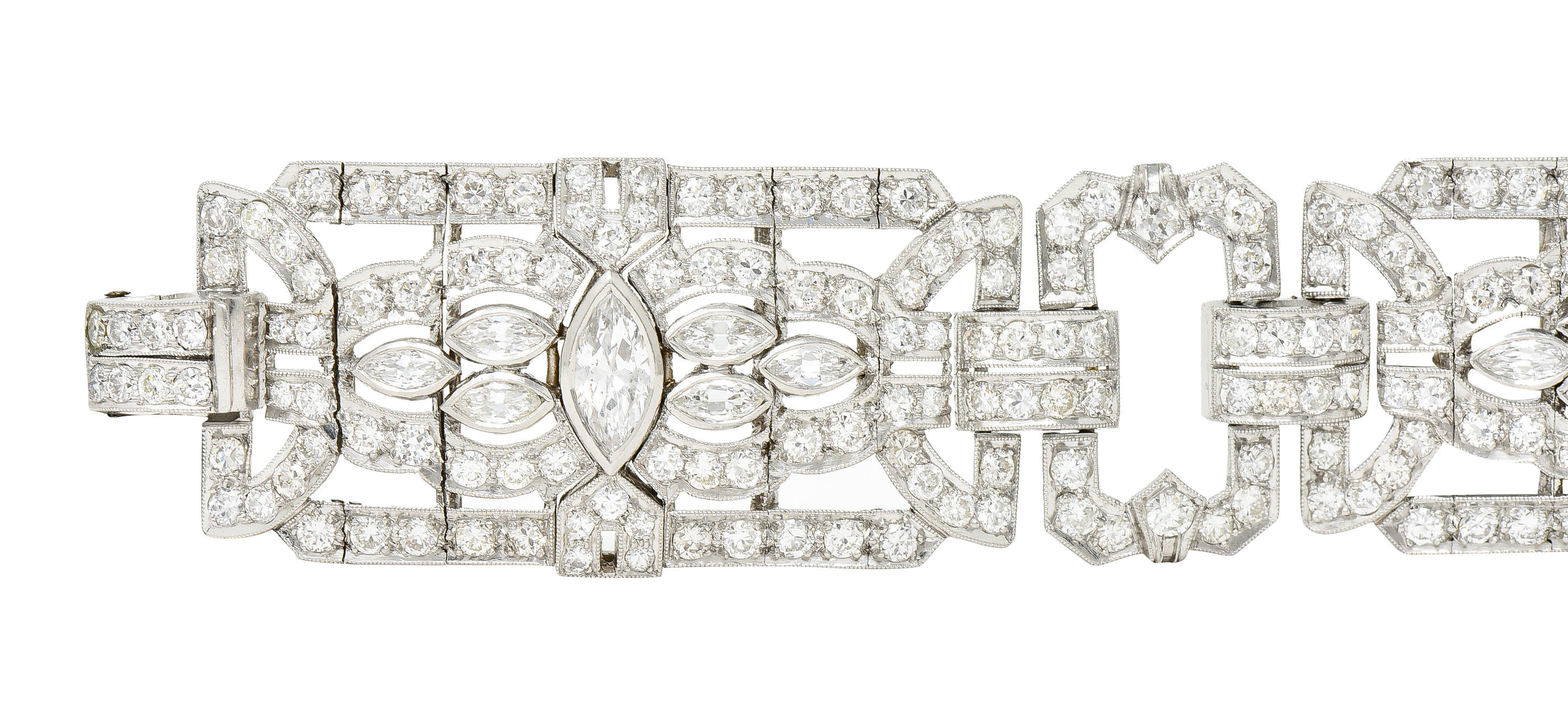 Waslikoff Art Deco 19.10 CTW Marquise Cut Diamond Platinum Geometric Wide Strap Link Bracelet Wilson's Estate Jewelry