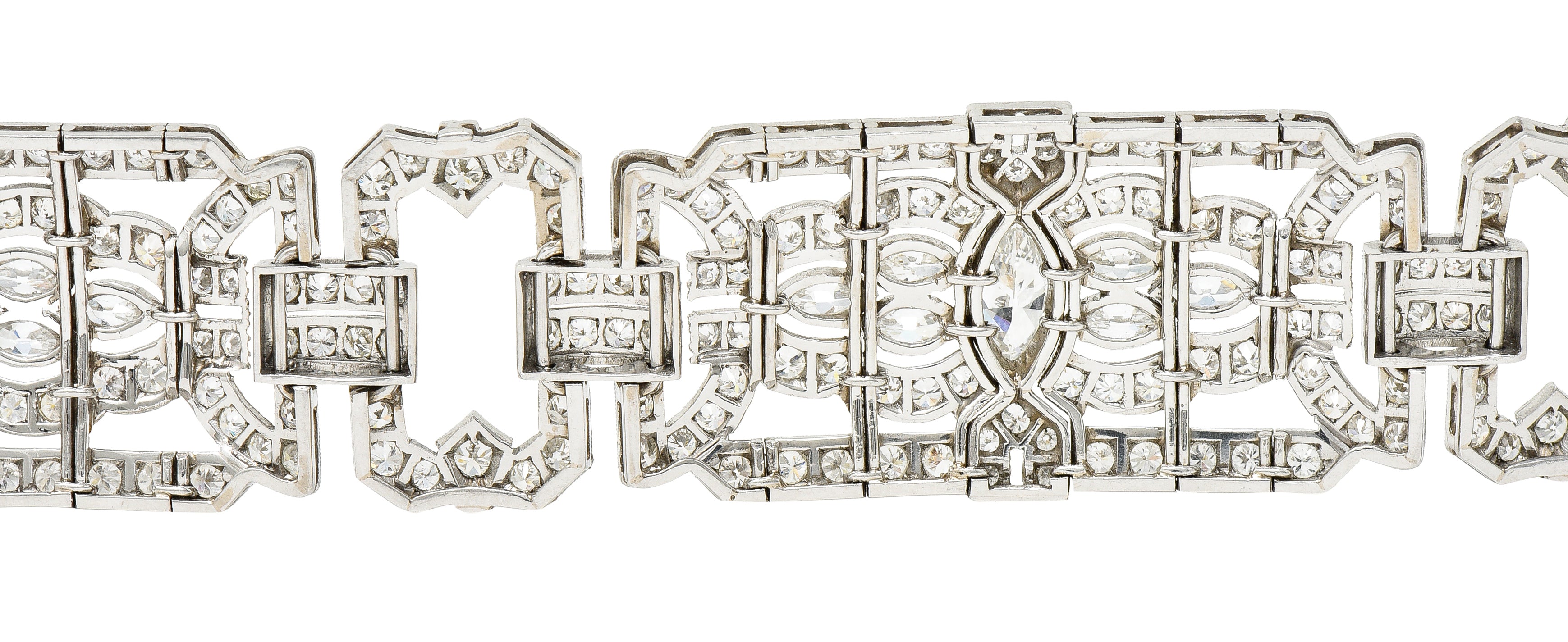 Waslikoff Art Deco 19.10 CTW Marquise Cut Diamond Platinum Geometric Wide Strap Link Bracelet Wilson's Estate Jewelry