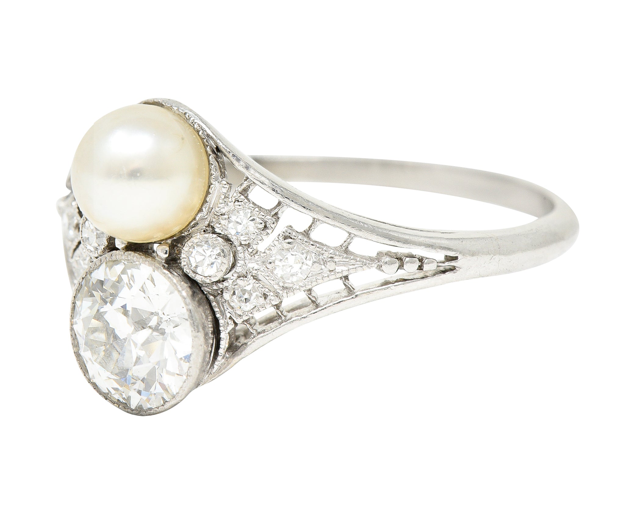 Frank Walter Lawrence Edwardian Pearl Platinum Toi Et Moi Antique Dinner Ring Wilson's Estate Jewelry