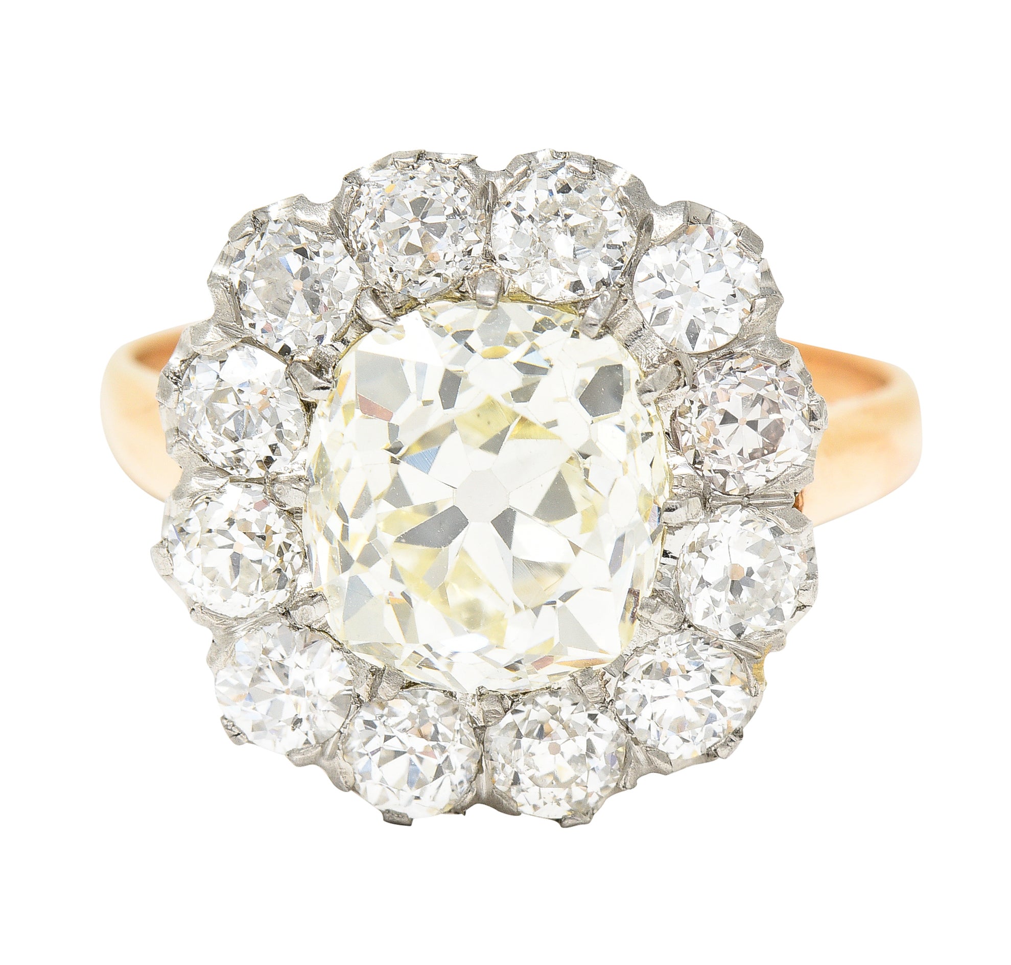 Edwardian 4.16 CTW Old Mine Old European Cut Diamond Platinum-Topped 18 Karat Yellow Gold Cluster Antique Engagement Ring Wilson's Estate Jewelry