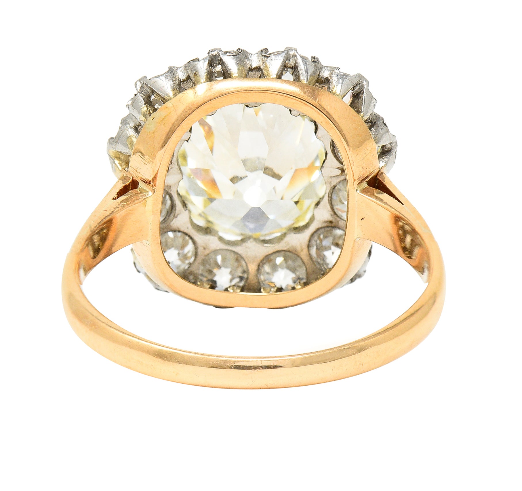 Edwardian 4.16 CTW Old Mine Old European Cut Diamond Platinum-Topped 18 Karat Yellow Gold Cluster Antique Engagement Ring Wilson's Estate Jewelry