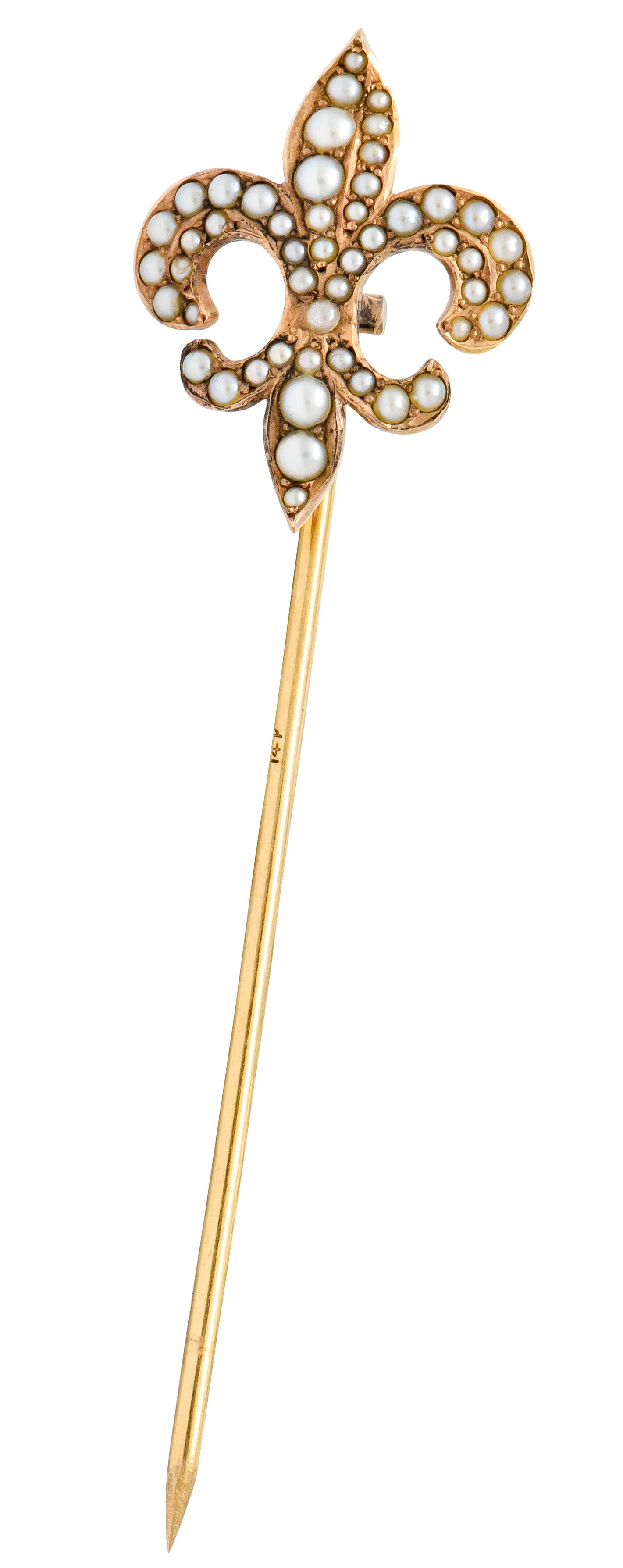 Riker Bros. Art Nouveau Seed Pearl 14 Karat Gold Fleur-De-Lis Stickpin - Wilson's Estate Jewelry