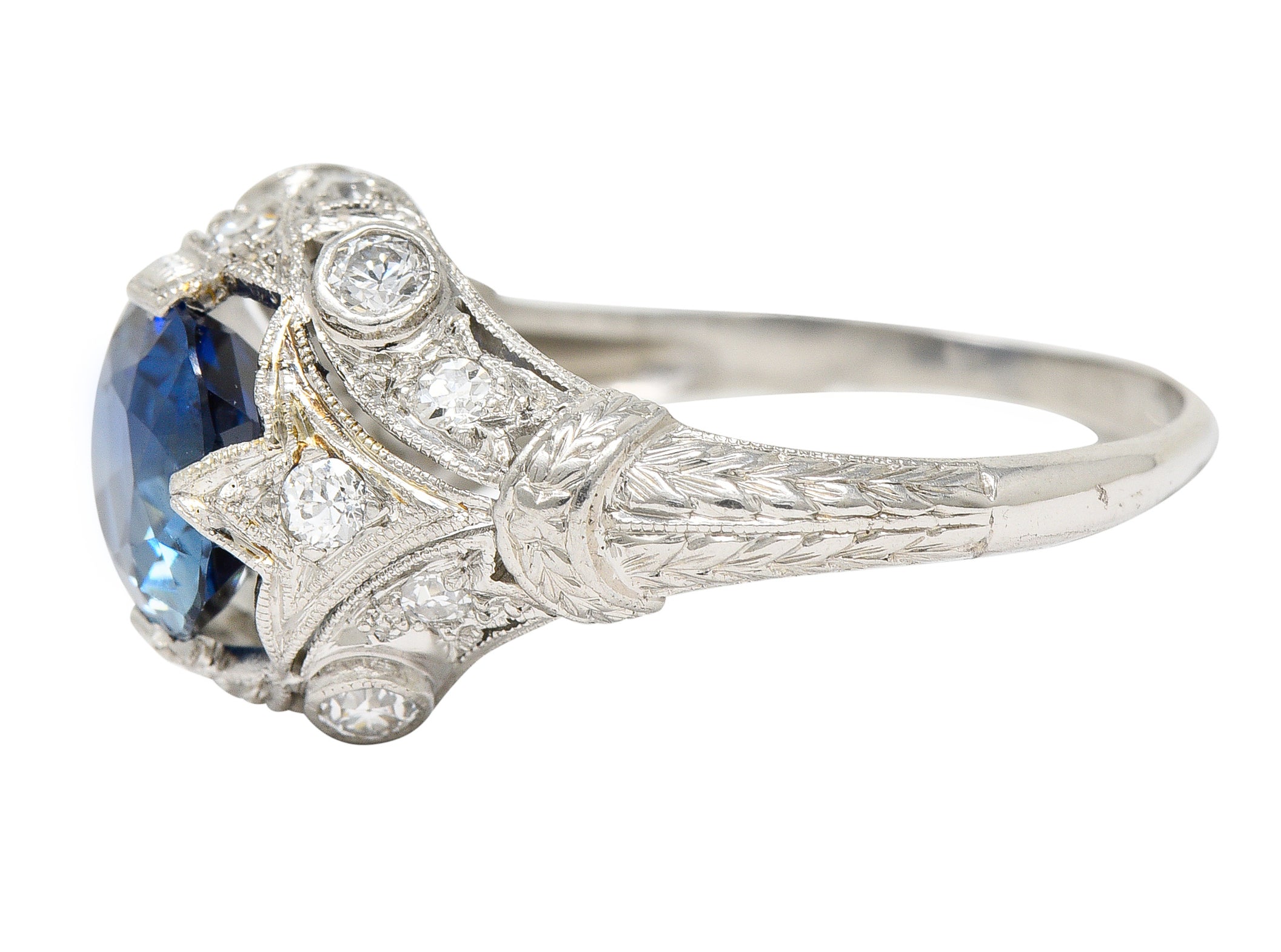 Art Deco 3.21 CTW No Heat Cushion Cut Sapphire Diamond Platinum Fleur-De-Lis Gemstone Ring Wilson's Estate Jewelry