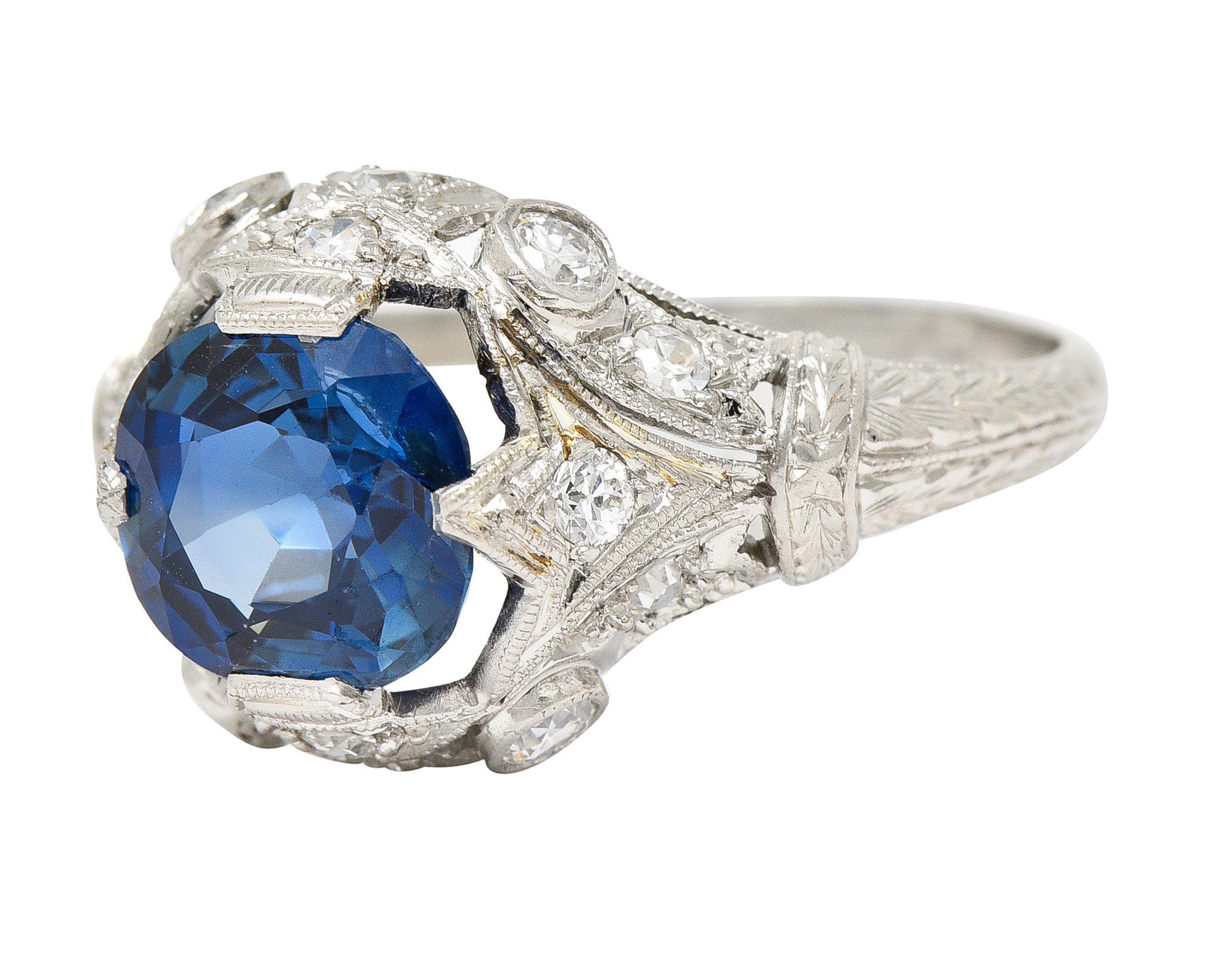 Art Deco 3.21 CTW No Heat Cushion Cut Sapphire Diamond Platinum Fleur-De-Lis Gemstone Ring Wilson's Estate Jewelry