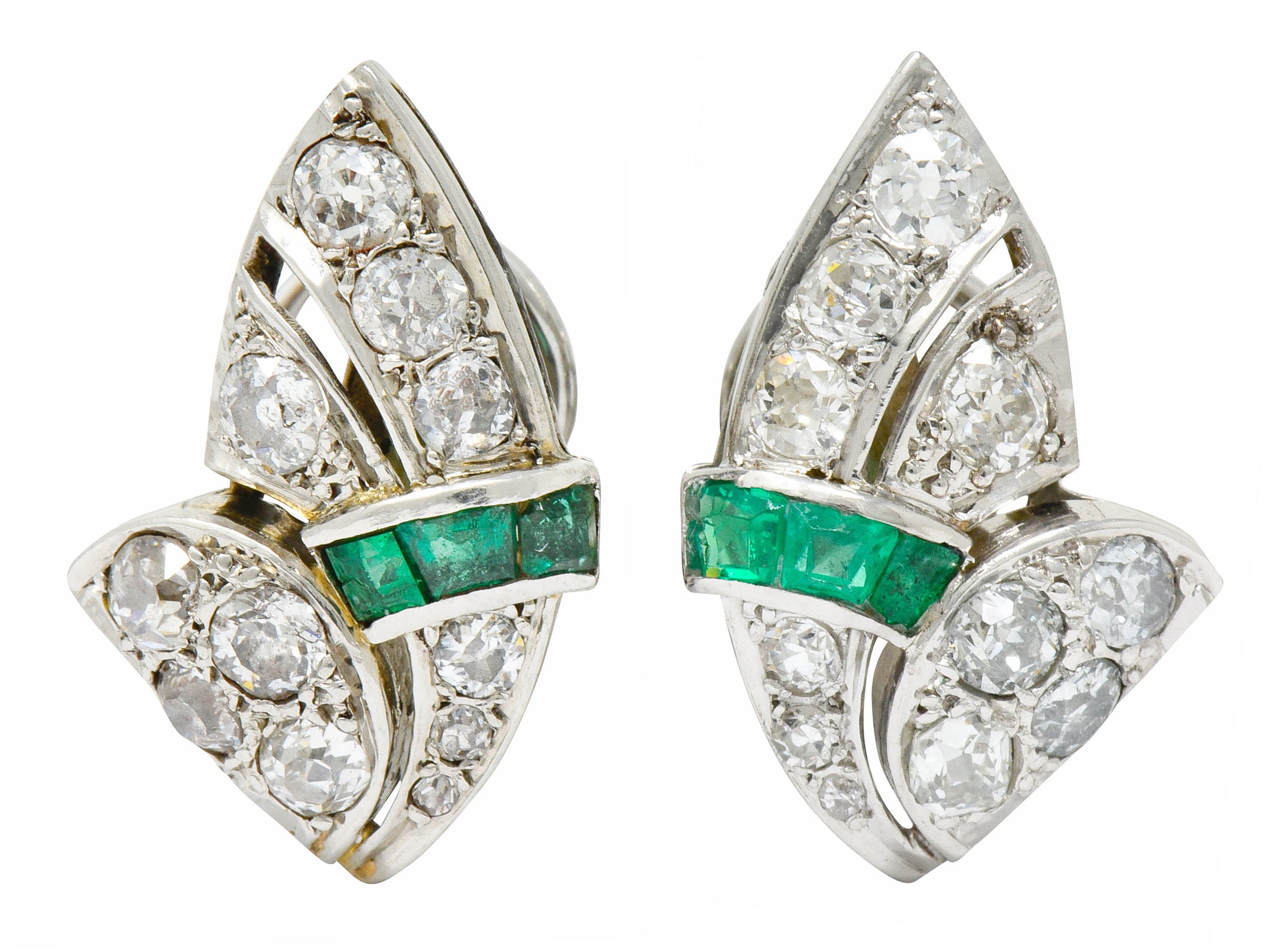 Art Deco 3.50 CTW Diamond Emerald Platinum Fanned Earrings - Wilson's Estate Jewelry