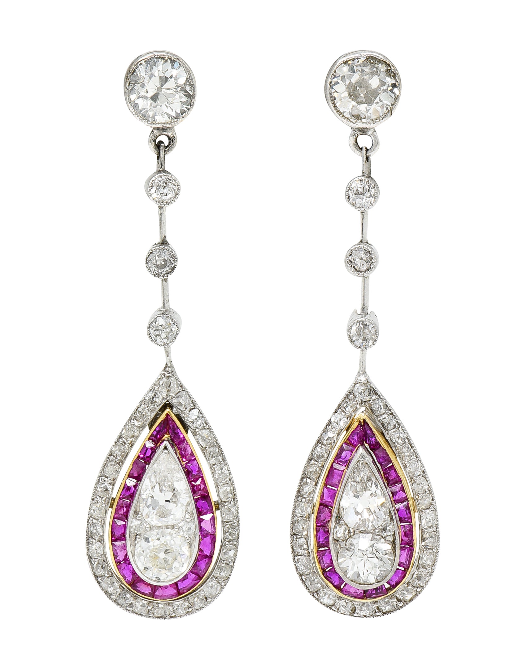 Art Deco 5.50 CTW Diamond Ruby Platinum Yellow Gold Pear Drop Earrings Wilson's Estate Jewelry