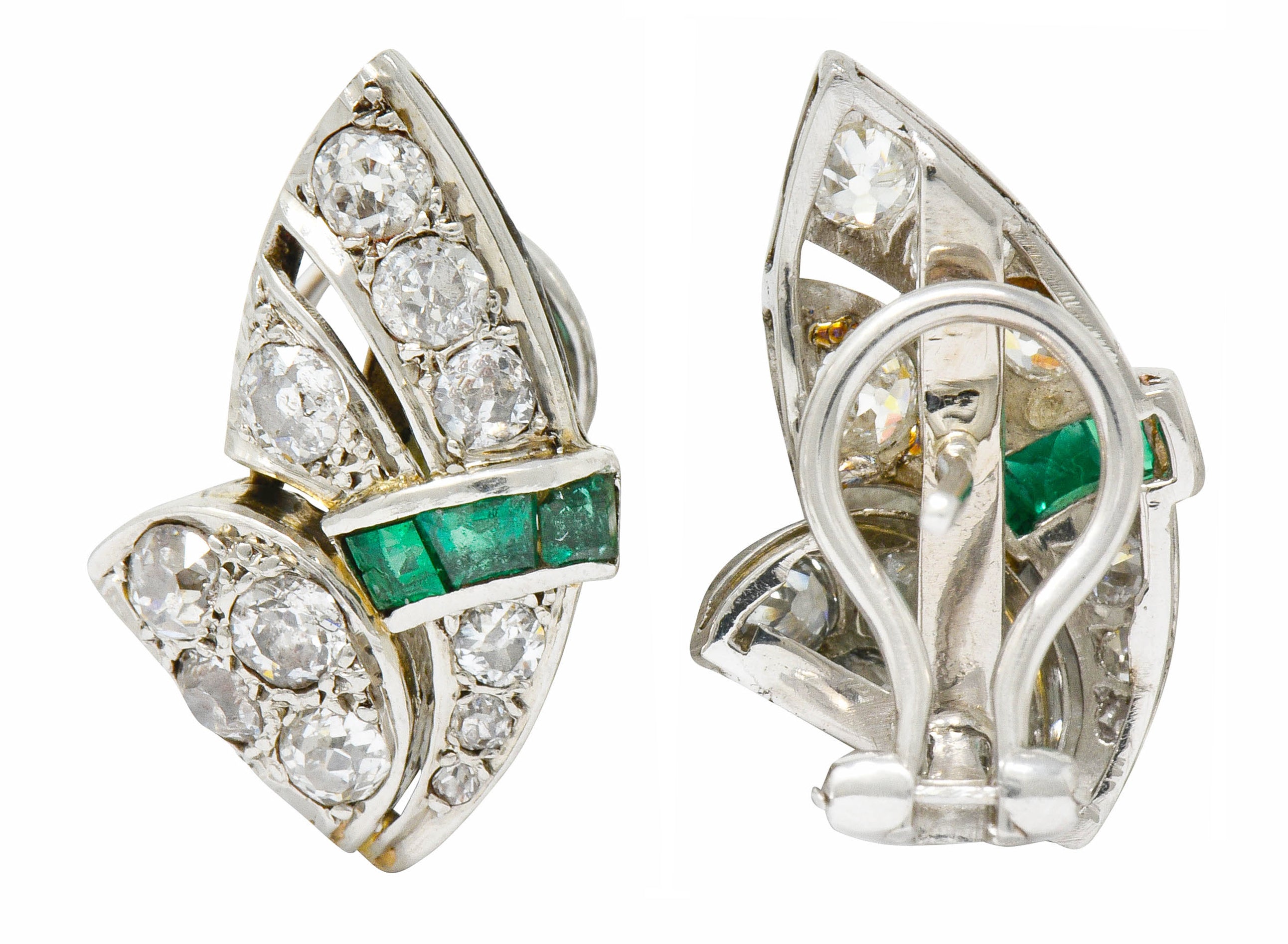 Art Deco 3.50 CTW Diamond Emerald Platinum Fanned Earrings - Wilson's Estate Jewelry