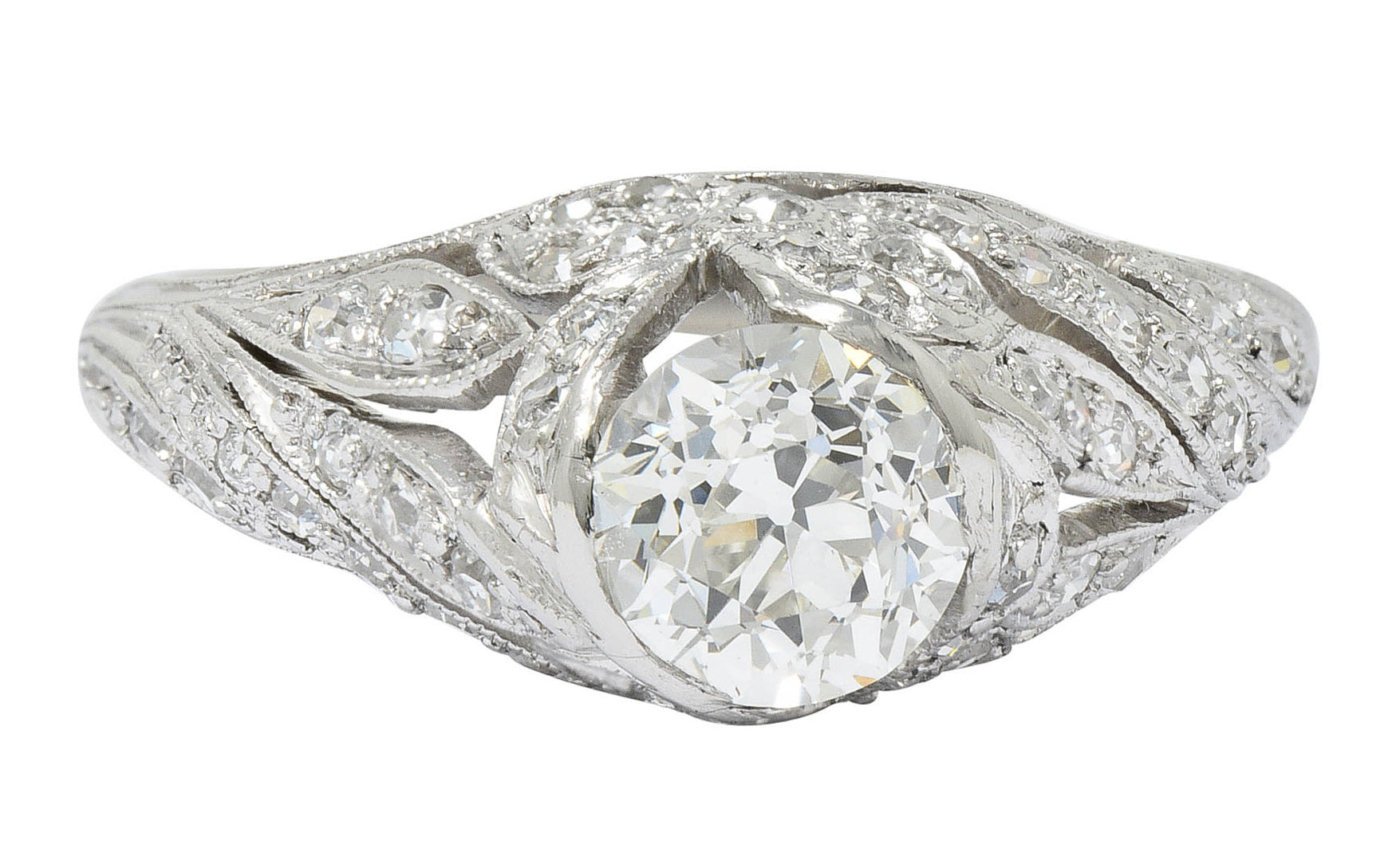 Edwardian 1.55 CTW Diamond Platinum Bow Engagement Ring GIARing - Wilson's Estate Jewelry