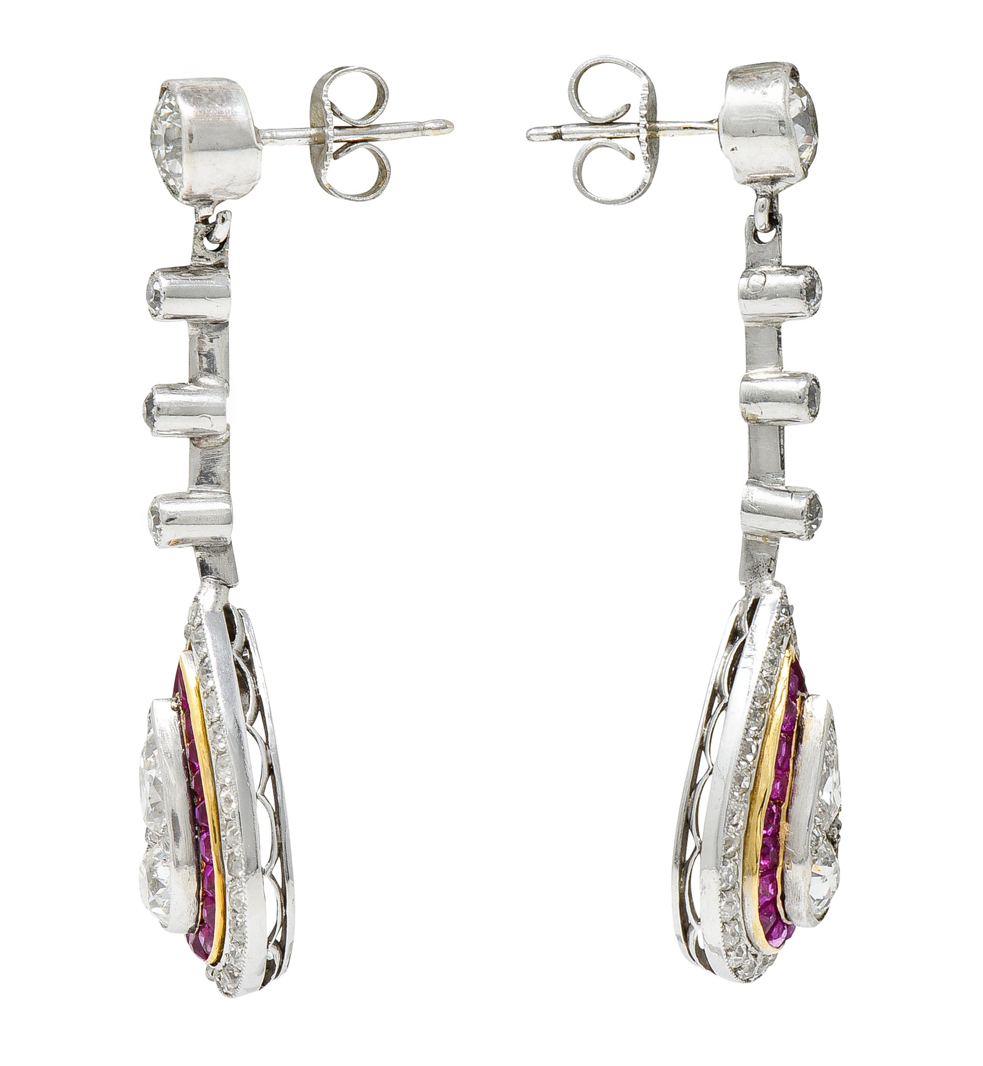 Art Deco 5.50 CTW Diamond Ruby Platinum Yellow Gold Pear Drop Earrings Wilson's Estate Jewelry