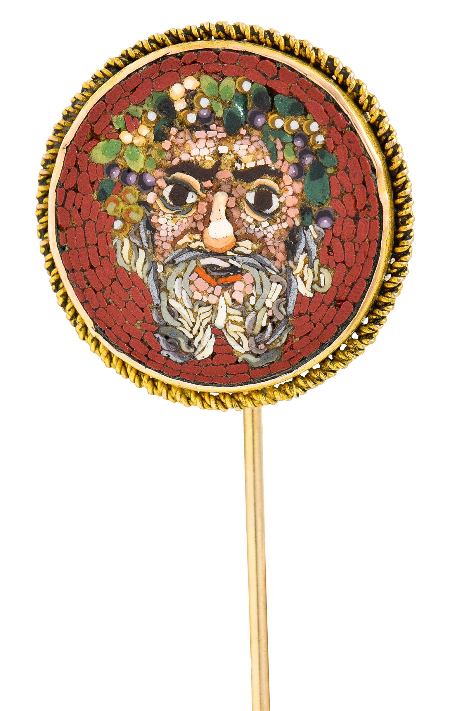 1860's Victorian Hardstone 14 Karat Gold Micro-Mosaic Greek Mythological Dionysus Stickpin Wilson's Estate Jewelry