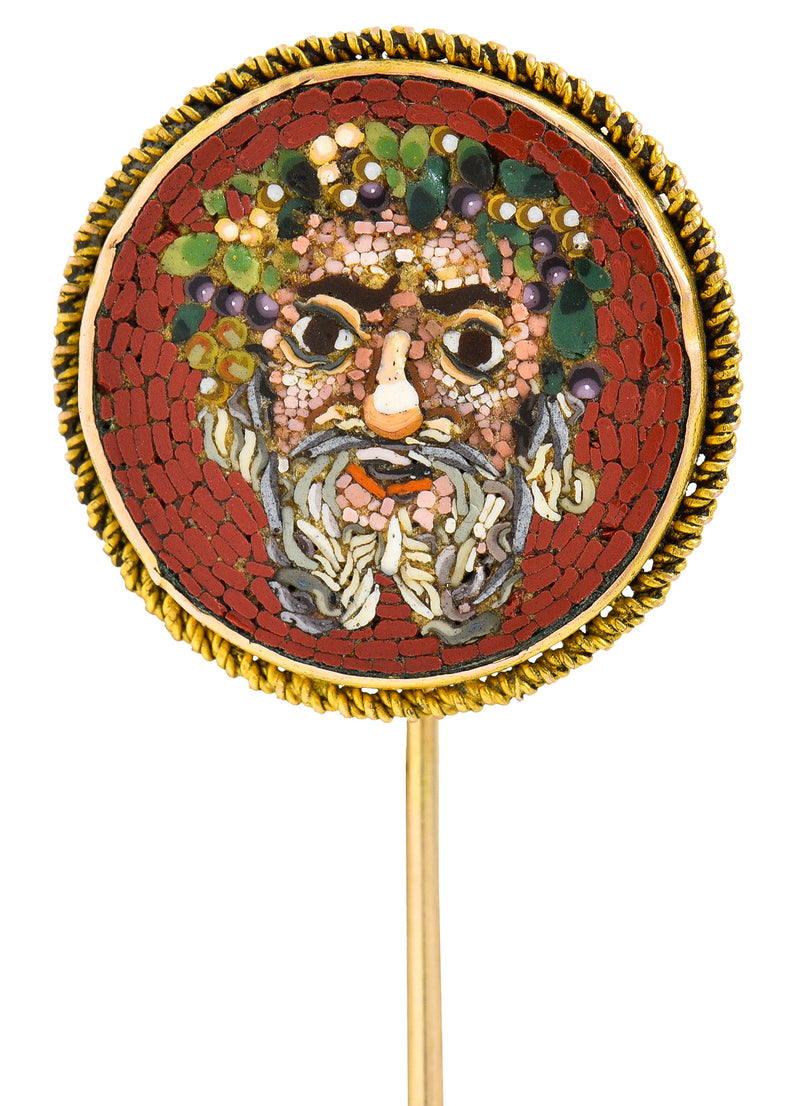 1860's Victorian Hardstone 14 Karat Gold Micro-Mosaic Greek Mythological Dionysus Stickpin Wilson's Estate Jewelry