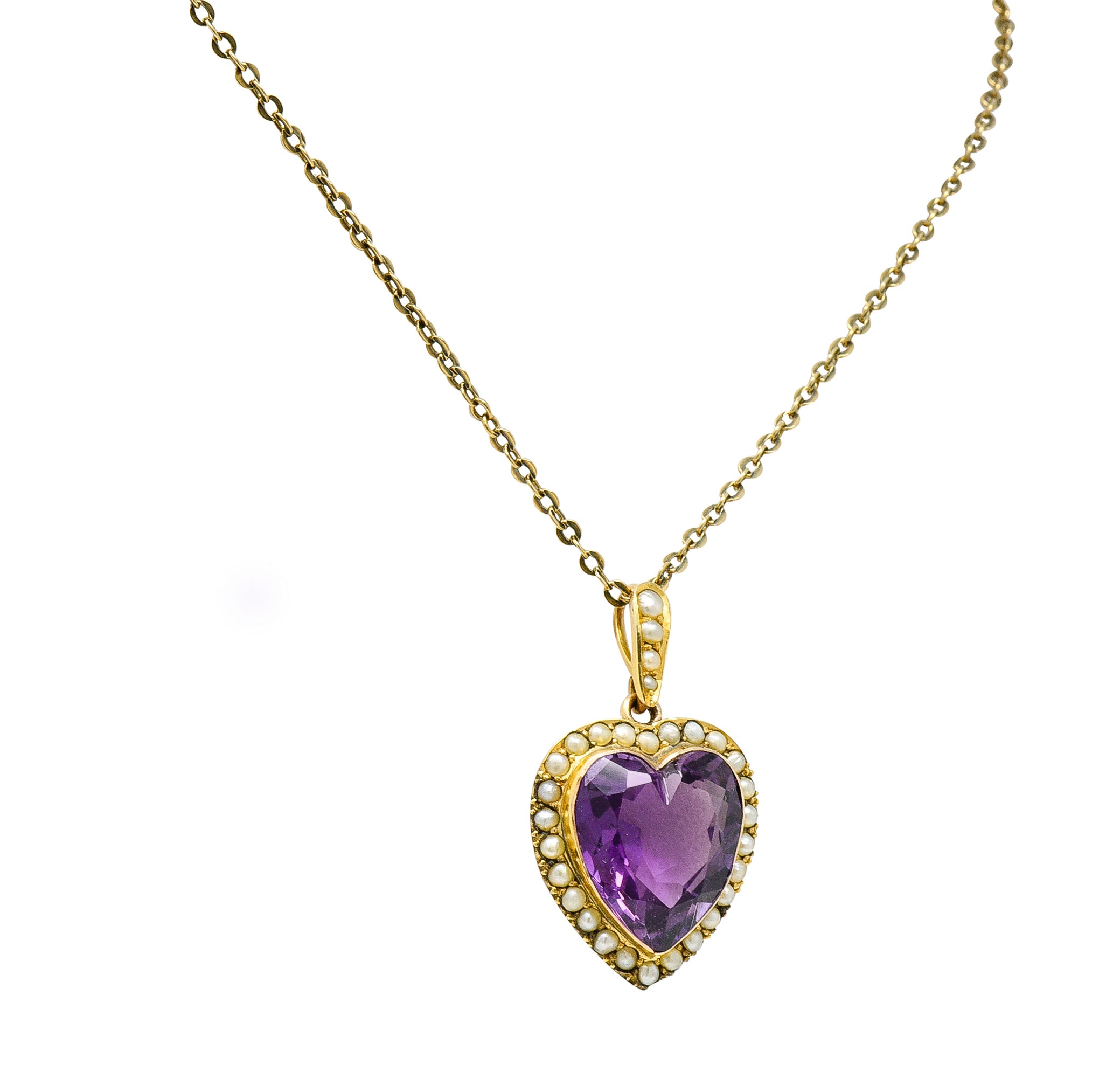 Victorian Amethyst Freshwater Natural Pearl 14 Karat Gold Heart Pendant NecklaceNecklace - Wilson's Estate Jewelry