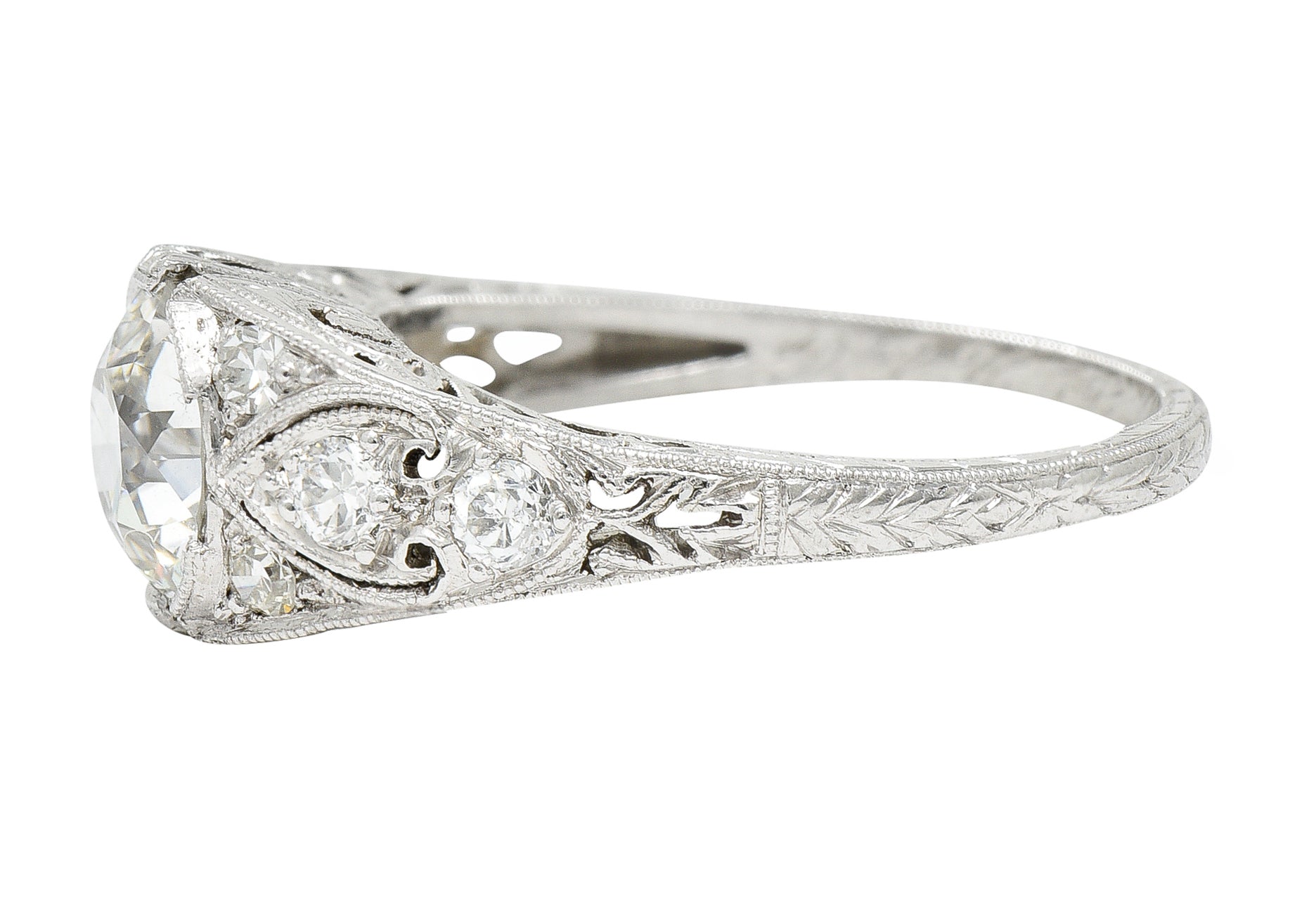 1923 Art Deco 1.34 CTW Diamond Platinum Scrolled Wheat Engagement Ring GIA Wilson's Estate Jewelry