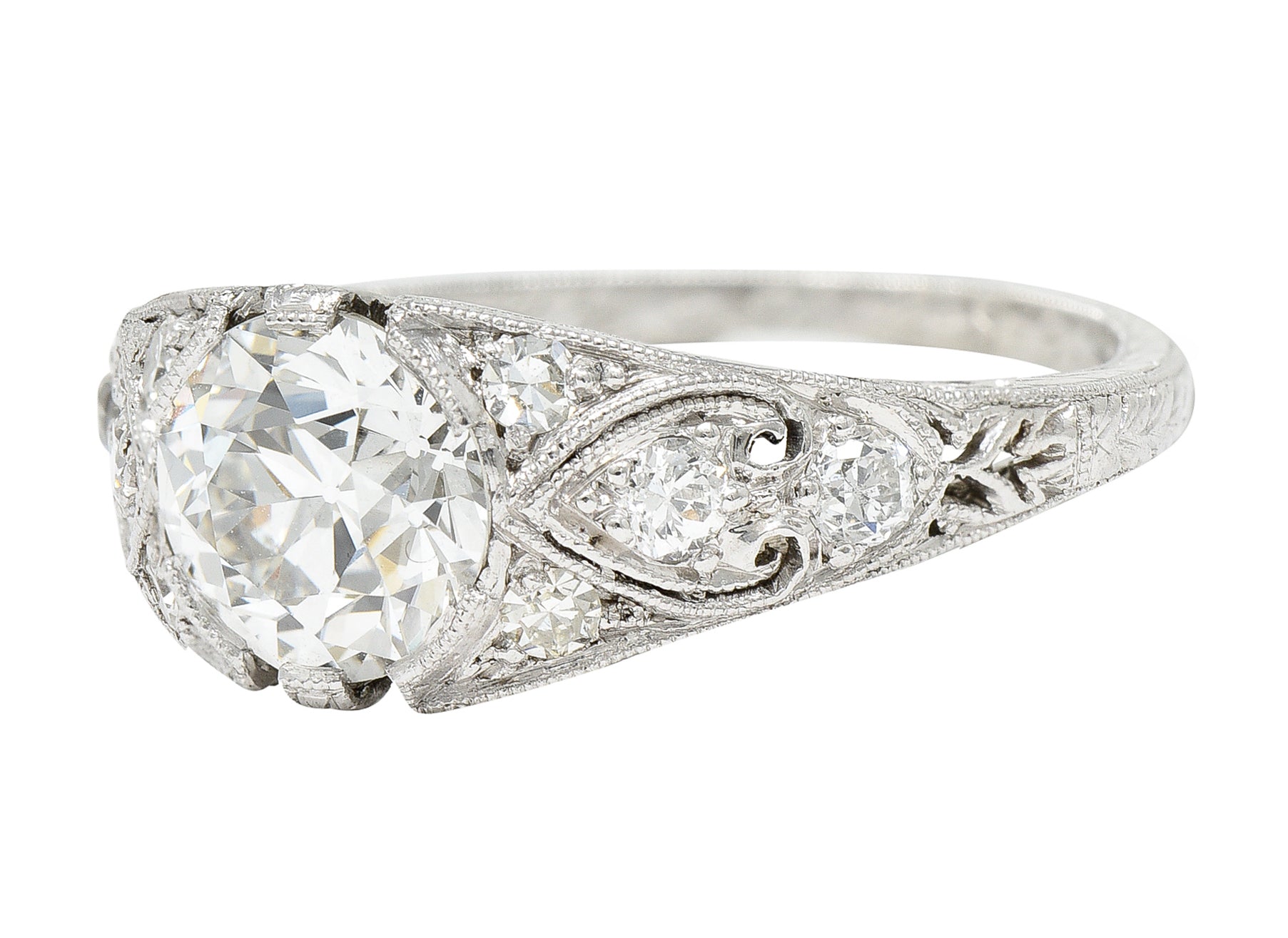 1923 Art Deco 1.34 CTW Diamond Platinum Scrolled Wheat Engagement Ring GIA Wilson's Estate Jewelry