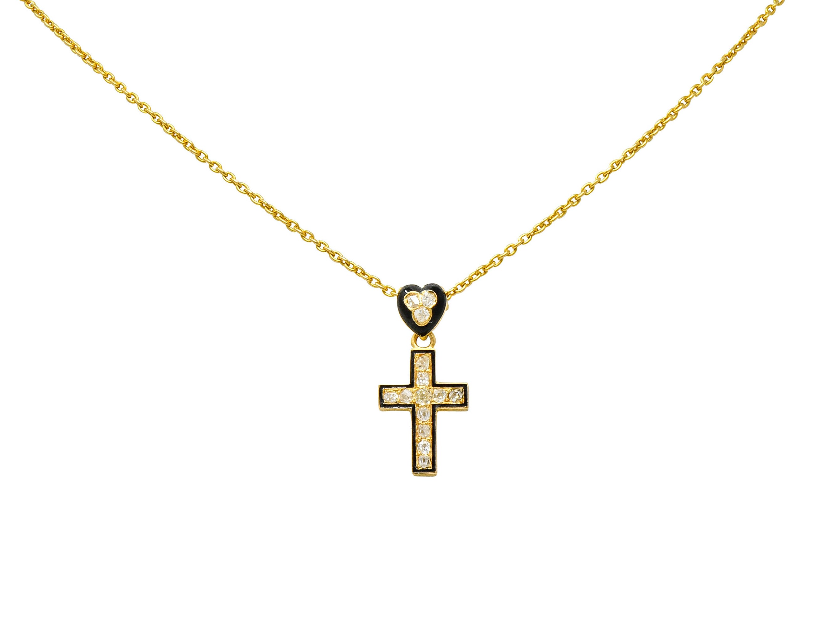 Victorian Diamond Enamel 18 Karat Gold Mourning Heart Cross Necklace - Wilson's Estate Jewelry