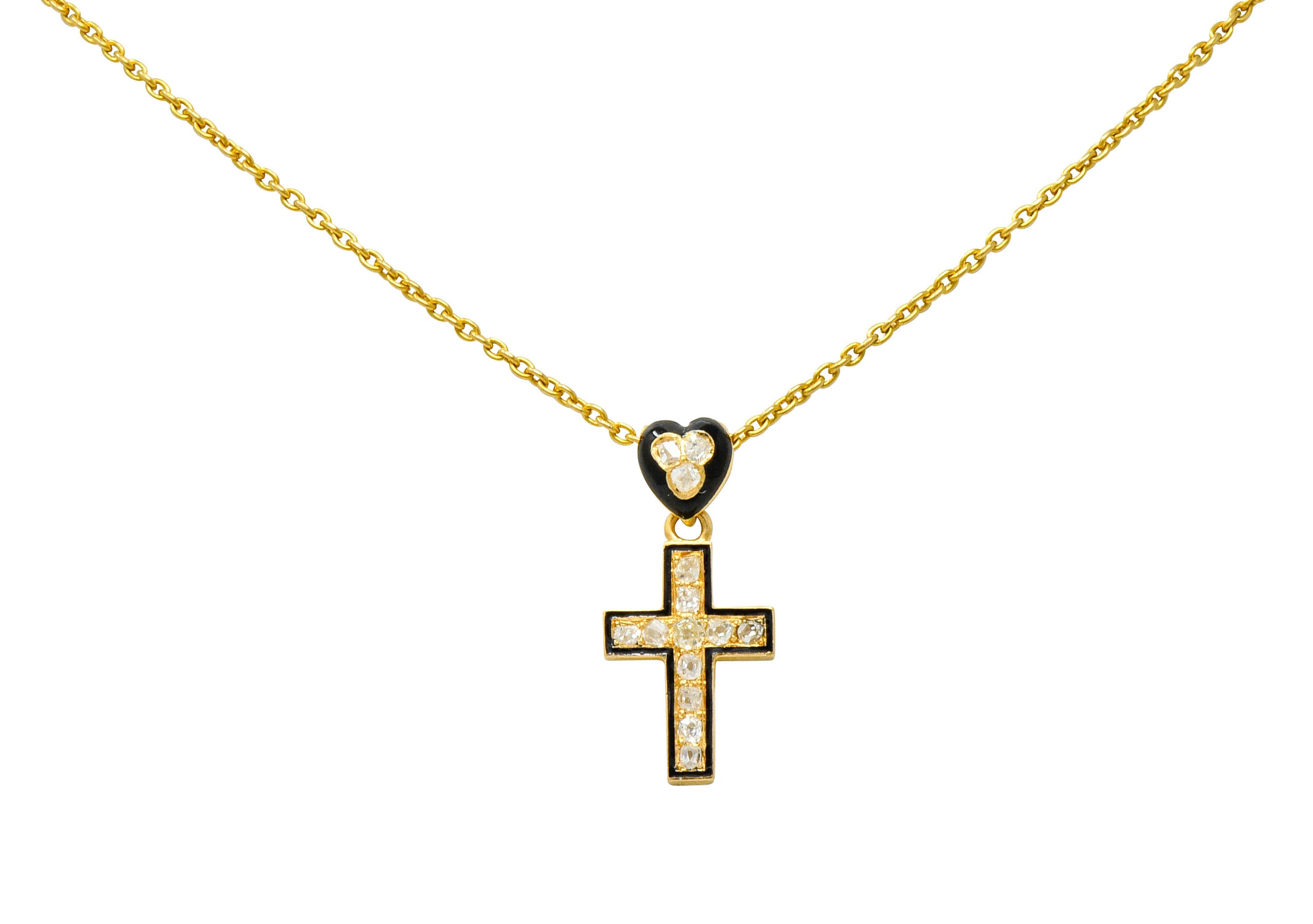 Victorian Diamond Enamel 18 Karat Gold Mourning Heart Cross Necklace - Wilson's Estate Jewelry